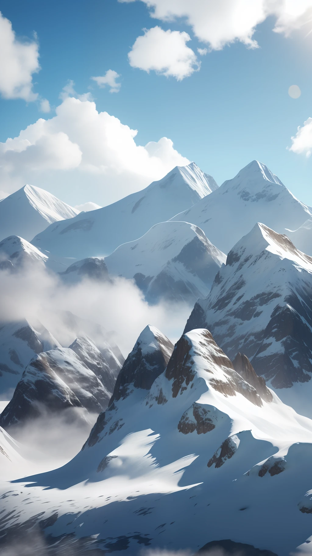 Generate a realistic 4K 9:16 image of a majestic, snow-capped mountainous landscape with towering peaks and a crystal blue sky. Add subtle elements of sunlight filtered through the clouds to create an inspiring environment.