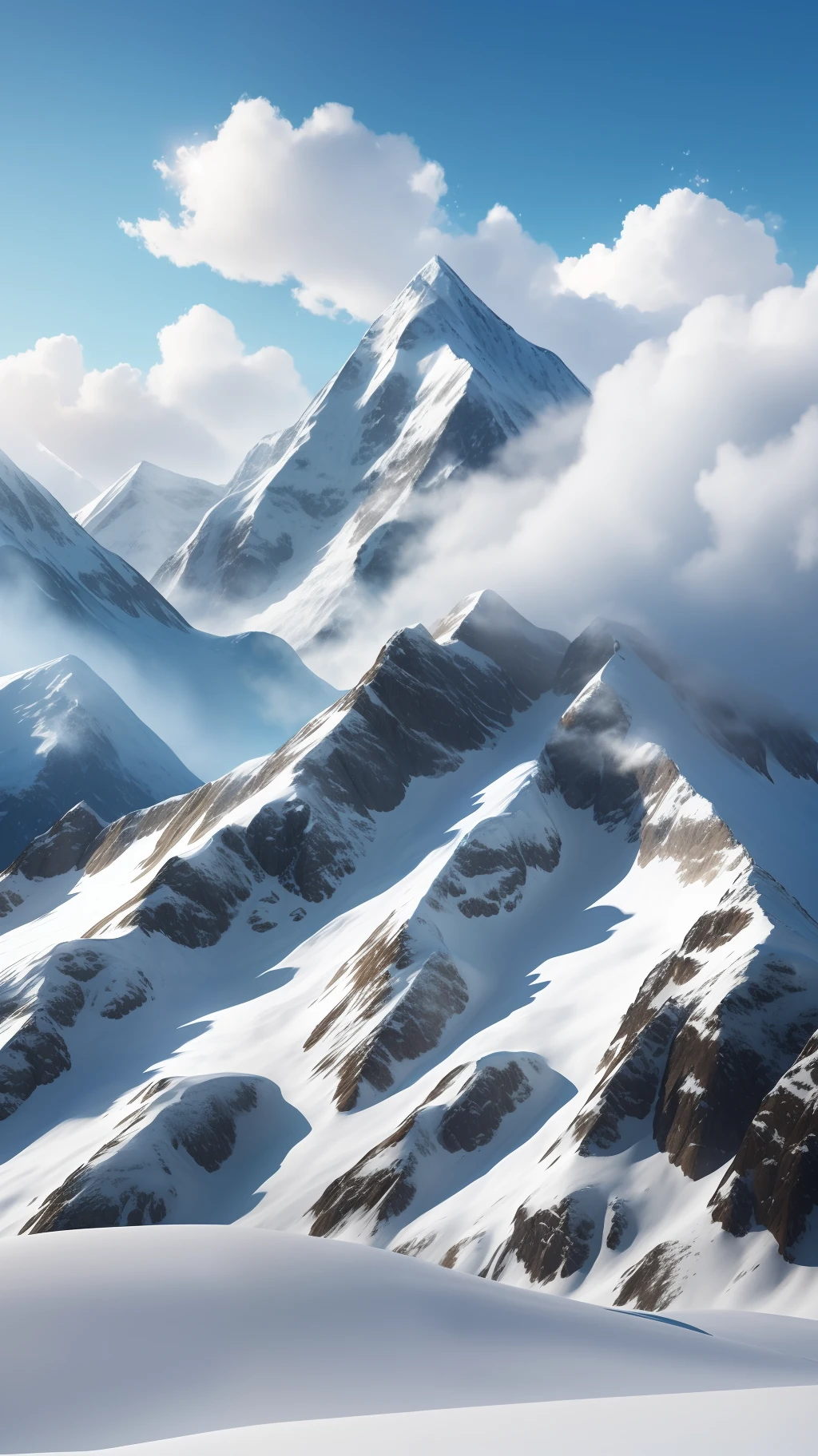 Generate a realistic 4K 9:16 image of a majestic, snow-capped mountainous landscape with towering peaks and a crystal blue sky. Add subtle elements of sunlight filtered through the clouds to create an inspiring environment.