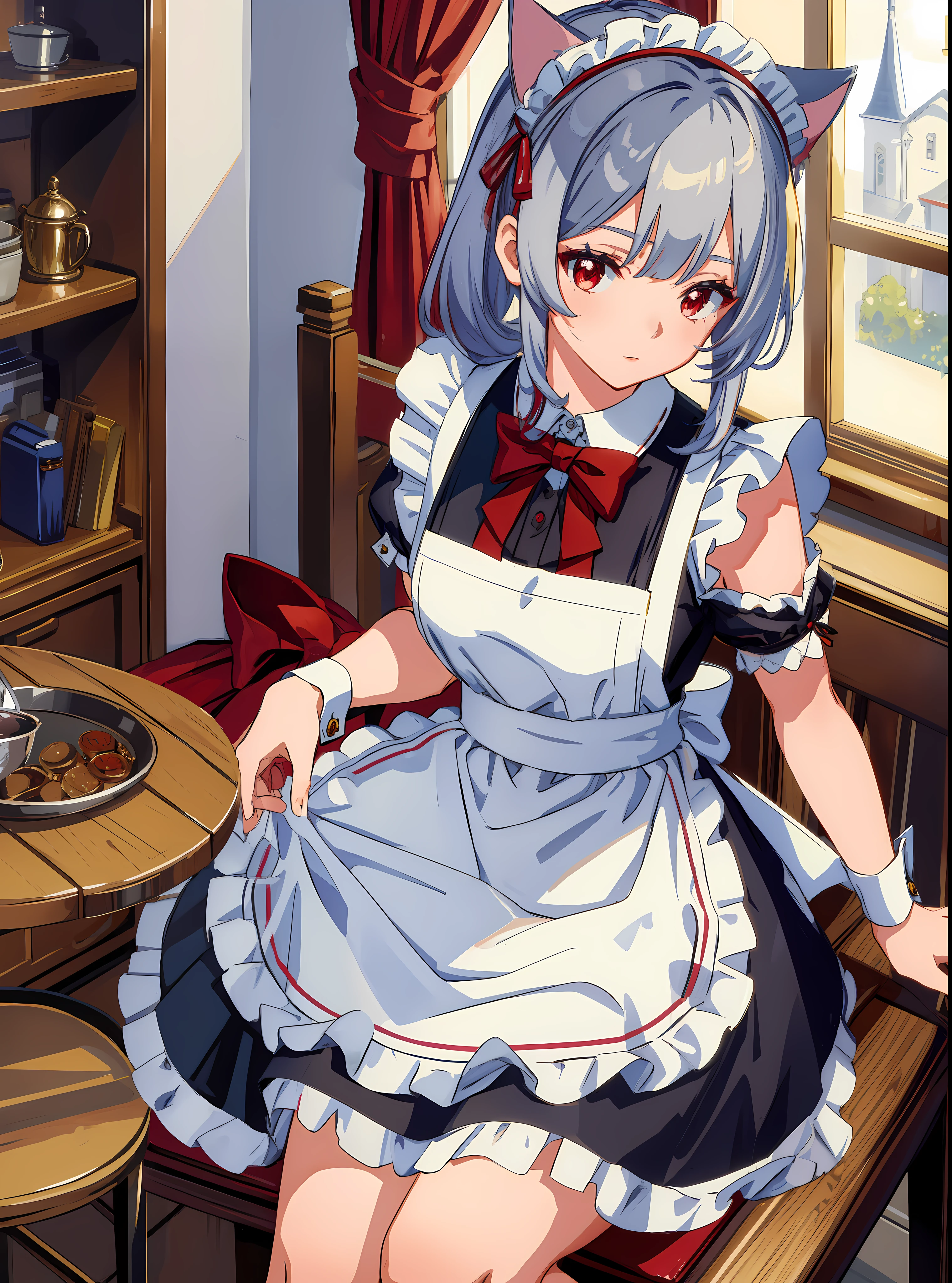 (masterpiece, best quality), intricate details, 1girl, sakamata, cat ears, red eyes, silver hair, , maid, maid headdress, wrist cuffs, maid apron,