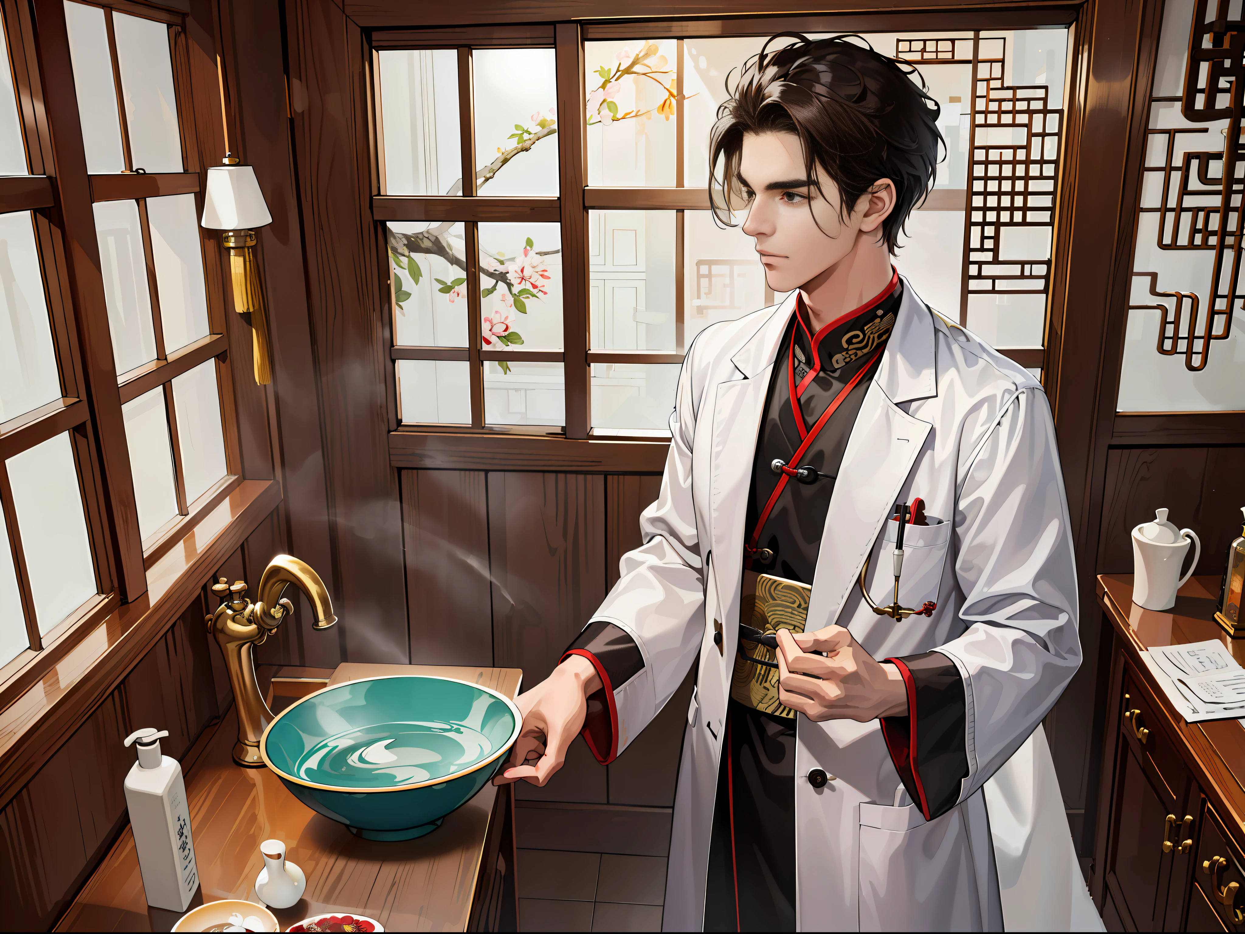 (ridiculous, high resolution, super detailed, realistic,), 1 male, soloist, 20 years old, tangled expression, carrying a basin of hot water, large basin, tall, extremely short hair, black hair, brown eyes, thick eyebrows, hospital room, doctor, white robe, white coat, room, ancient Chinese decoration style room, ancient Chinese style furniture