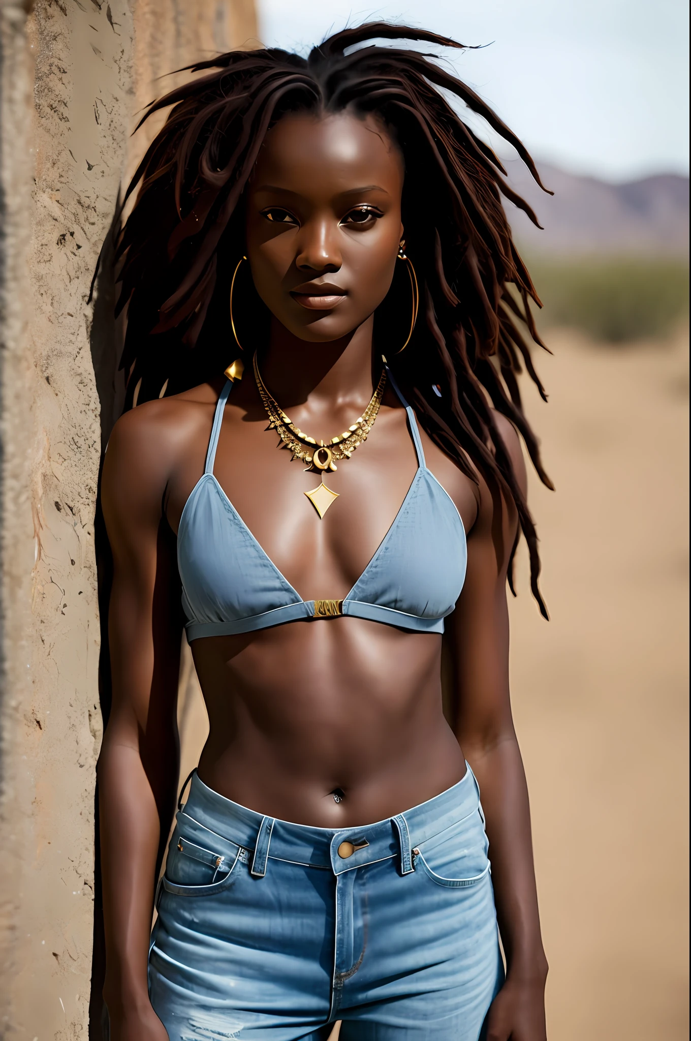 (Face of actress jodie turner-smith (medium chest, tomboy, small head)), (well-defined abs: 1.1), (perfect body: 1.1), (long dread hair customized in the style of the movie ark of hope: 1.2), earrings of apparent and beautiful animal bones, necklace with a tiger tooth, full body photo, desert, wearing clothes from the movie "Cain and Abel - 0 Legacy of the Brothers" (2012)",  ((up to the knees)), (CG wallpaper 8k extremely detailed), (extremely delicate and beautiful), (masterpiece), (best quality: 1.0), (super high resolution: 1.0), beautiful lighting, perfect lighting, realistic shadows, [high resolution], delicate black skin, ultra-detailed ((color))) (highly detailed skin: 1.2), 8k uhd, dslr, soft lighting, high quality, film grain, 20mp, Fujifilm XT3, 80mm, hasselblad
