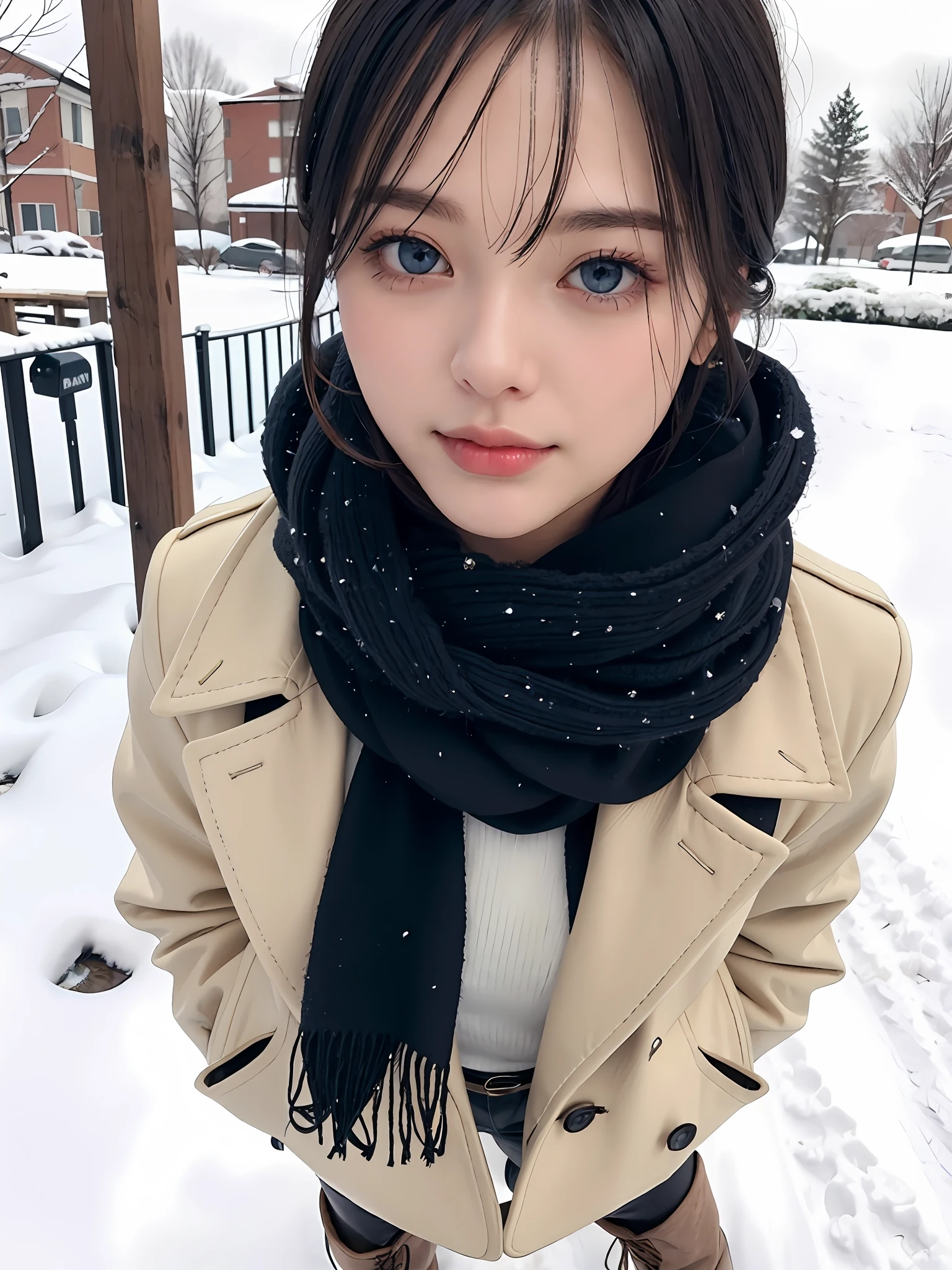 (Close-up: 1.4),
(RAW Photos: 1.2), (Photorealistic: 1.4), (Masterpiece: 1.3), (Best Quality: 1.4), Dreamy, (Detailed Eyes), (Detailed Facial Features), (Detailed Clothing Features), Skin Tightening, (Shiny Skin), (Slender Girl), (Slim Girl), 1 Girl, (Full Body)), Solo, Cute, Smry, (Middle Breast), Bangs, Straight Hair, Short hair, black hair, black eyes, crystal pendant, long blue scarf, white long wool coat, black thick pantyhose, brown snow boots, long neck