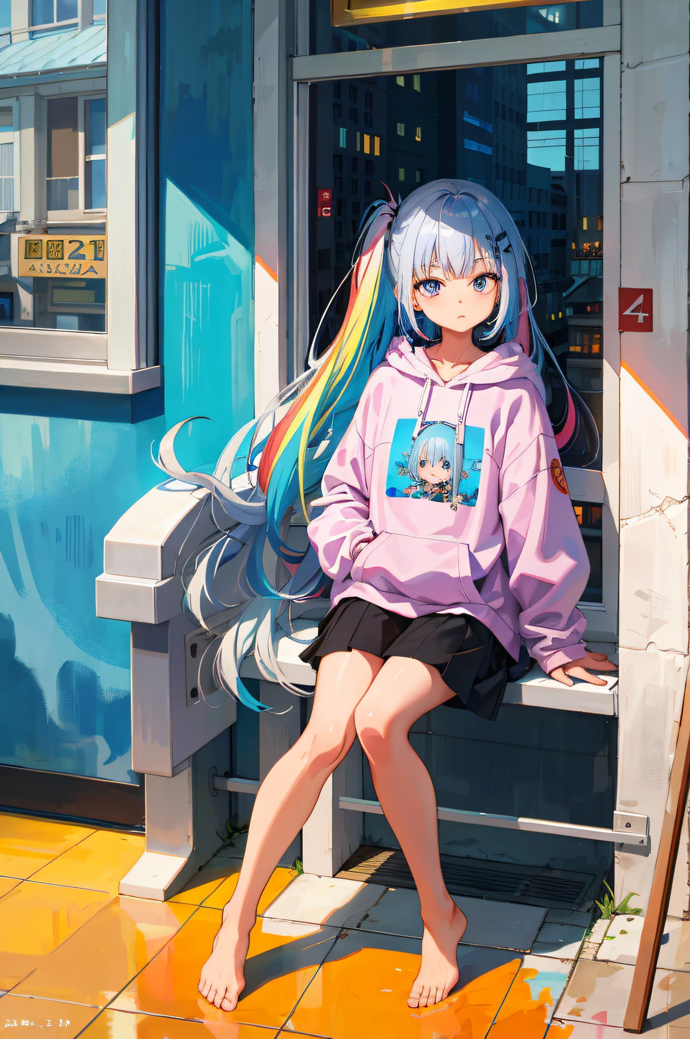 Masterpiece, high quality, high resolution, absurd, super fine, 8k, 1girl, platinum gray hair, blue hair, multicolored hair, gradient hair, looking at the audience, colorful eyes, colorful hoodies, city, (floor-to-ceiling window background: 1.15), wonderful painting, bloom, portrait, cross hair ornament, shut up, pack, against the wall, bangs, shadow, reflection