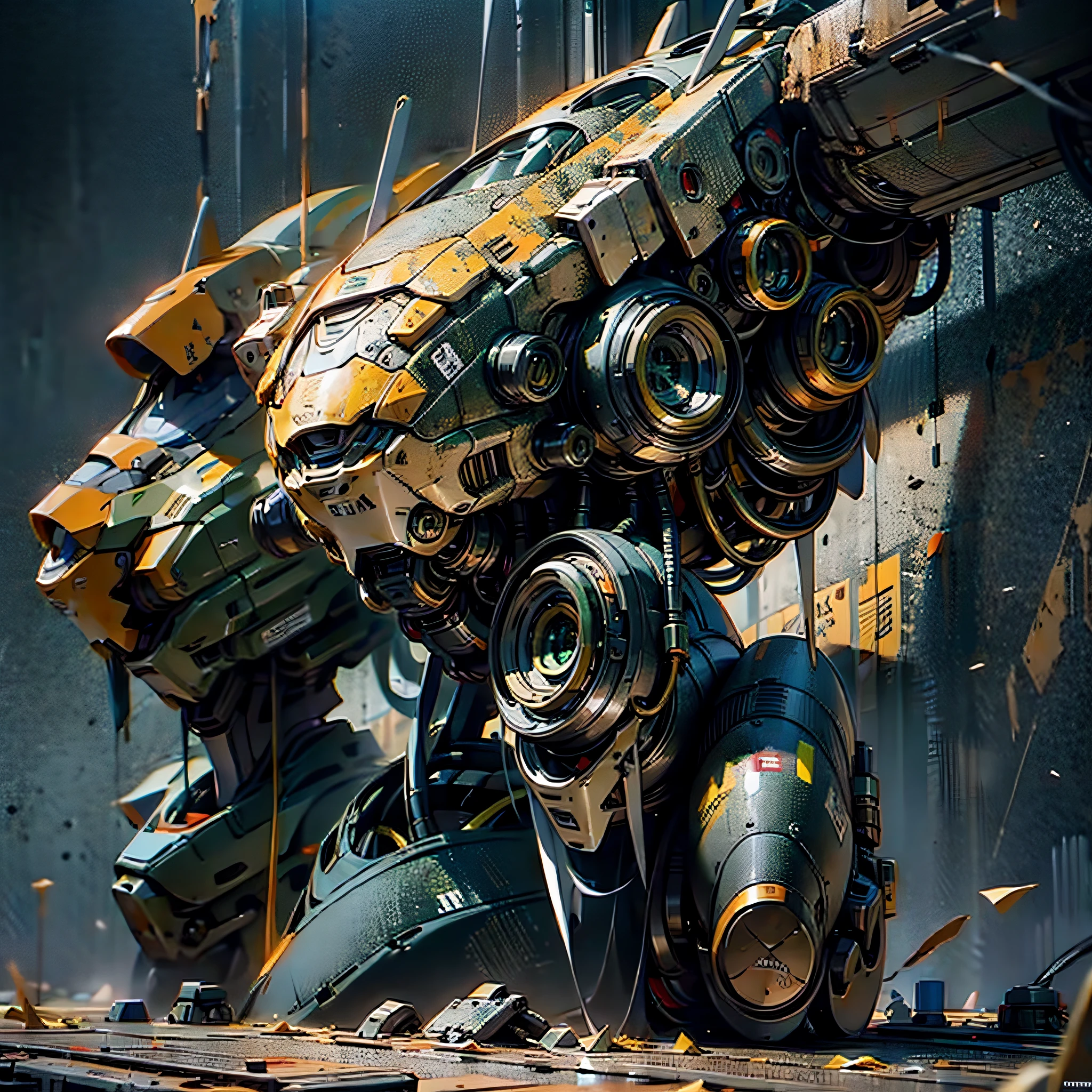 a giant BRAZILIAN MECHA, ABANDONED, GREEN AND YELLOW PAINT PEELING AND LOTS OF RUST close top view dark FANTASY, OCTANE RENDER, SCIFI MOVIE SCENE, DRAMATIC LIGHTING, DIGITAL PAINTING, 4K, 8K, UNREAL ENGINE