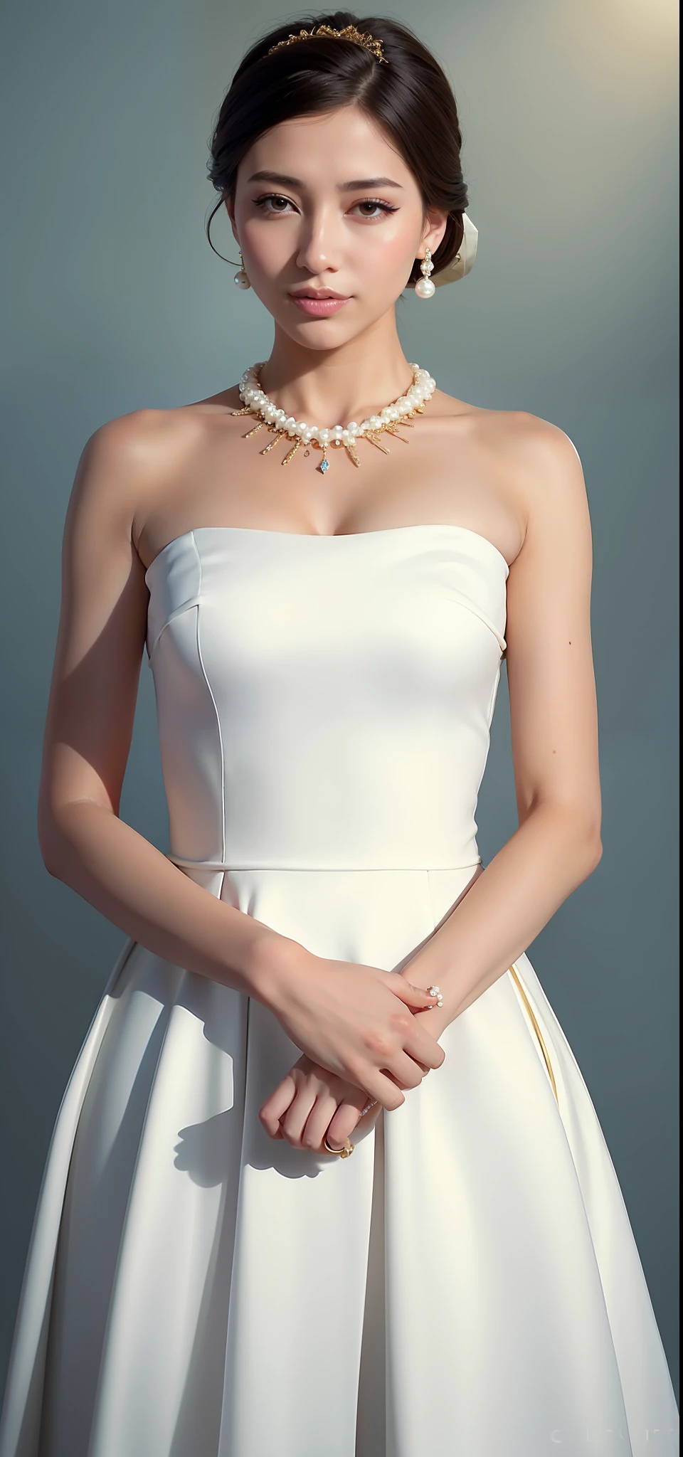 arafed woman in a white dress and a necklace and earrings, wearing elegant jewellery, neckline, luxurious neckless, pearl necklace, photo of a hand jewellery model, decolletage, jia, close up details, detailed image, elegant and graceful, gold and pearl necklaces, attractive neck, opulent pearl necklace, high delicate defined details, strapless dress