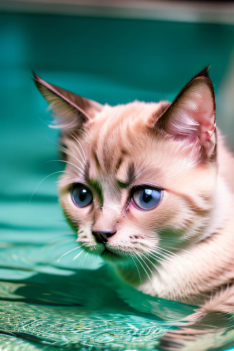 Hyper Quality,Cute Siamese cat kitten,swimming in the pool,barking,narrow eyes,smile,eos r3 28mm