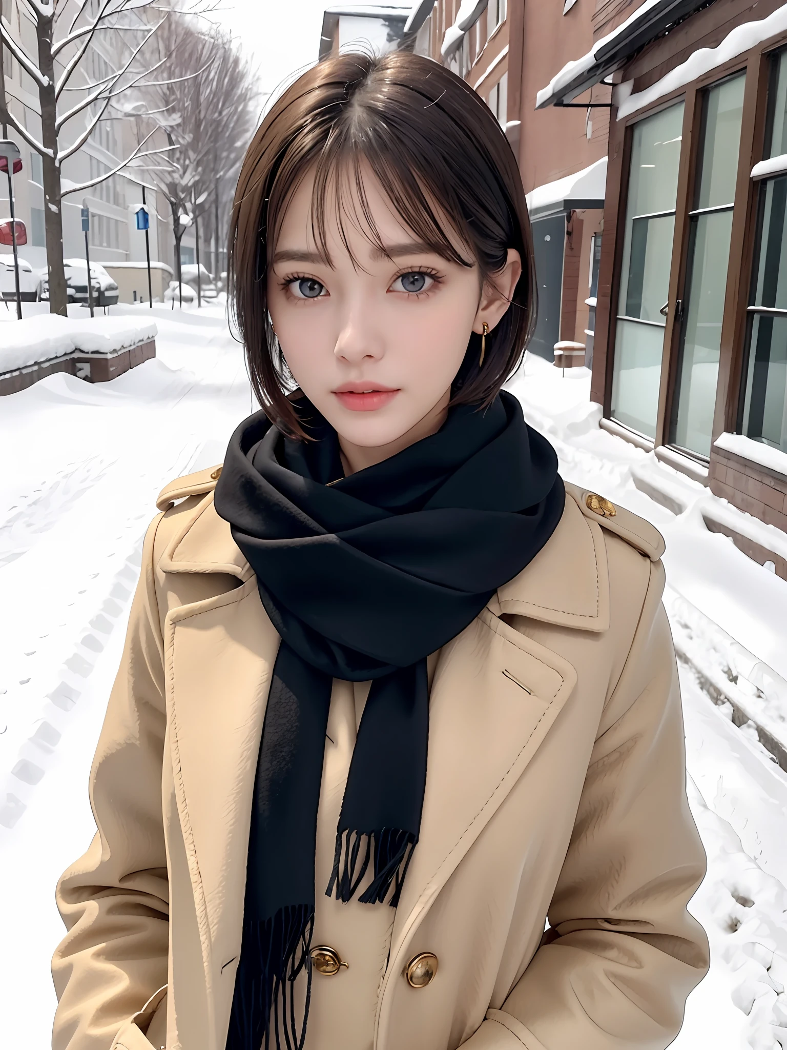 (Close-up: 1.4),
(RAW Photos: 1.2), (Photorealistic: 1.4), (Masterpiece: 1.3), (Best Quality: 1.4), Dreamy, (Detailed Eyes), (Detailed Facial Features), (Detailed Clothing Features), Skin Tightening, (Shiny Skin), (Slender Girl), (Slim Girl), 1 Girl, (Full Body)), Solo, Cute, Smry, (Middle Breast), Bangs, Straight Hair, Short hair, black hair, black eyes, crystal pendant, long blue scarf, white long wool coat, black thick pantyhose, brown snow boots, long neck, ears out, golden ratio high definition face, golden ratio high definition body