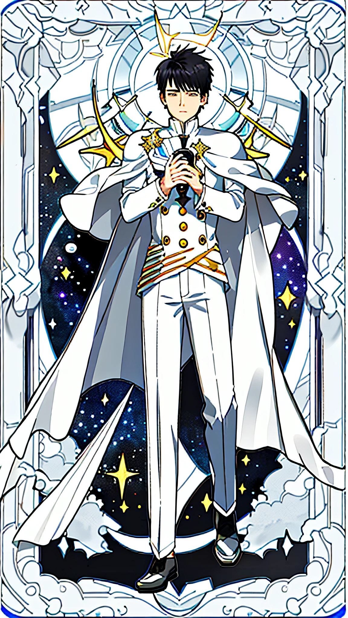 masterpiece, best quality, full body, card, 1 man, eclipse, space, galaxy, short hair, black hair,  brush cut, white shirt, standing, white and white, sun, moon, black, white,  buzz cut, bara, muscle, god, divine, cape, halo, center, best pose, etherious, crystal,man, power