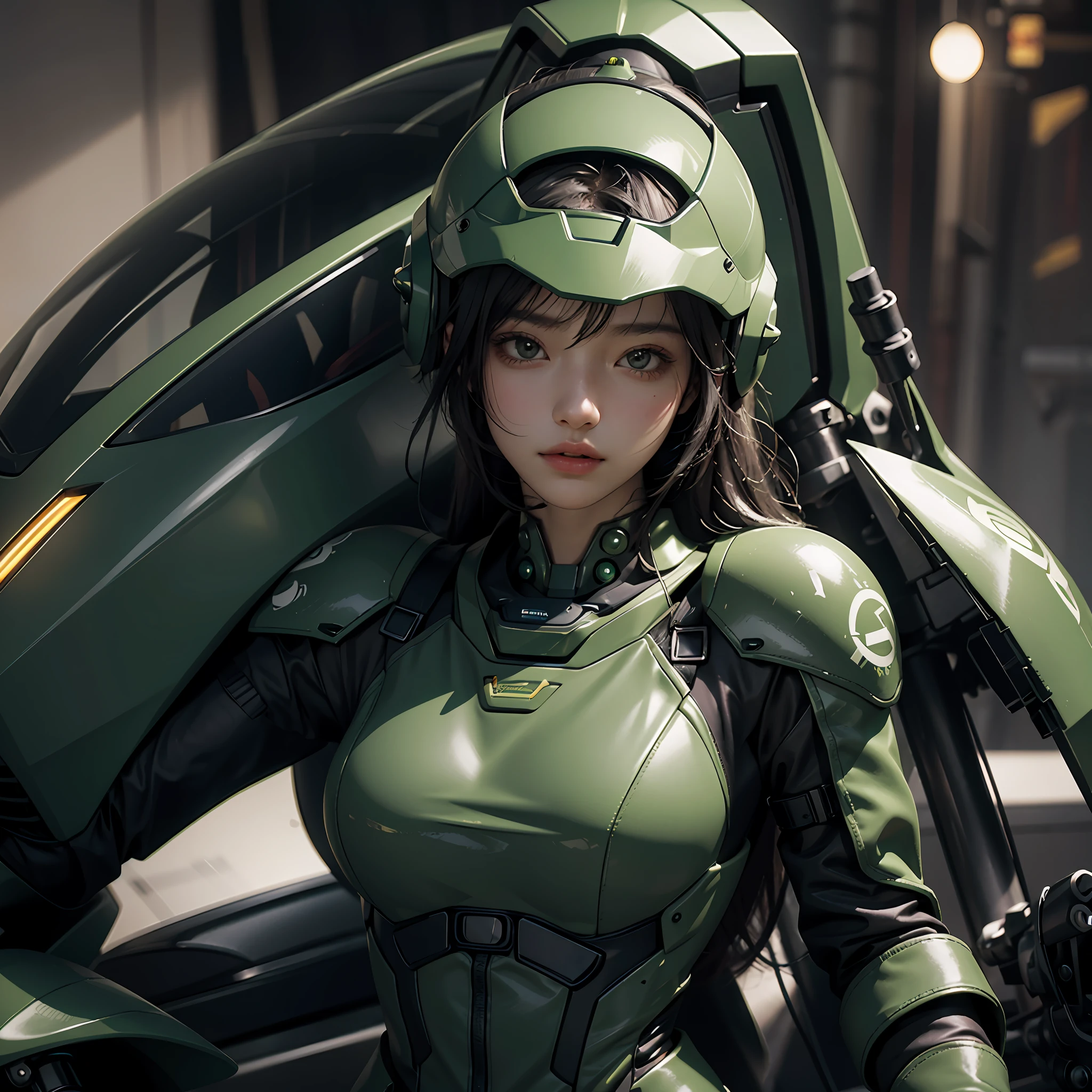 Highest image quality, outstanding details, ultra-high resolution, (realism: 1.4), the best illustration, favor details, highly condensed 1girl, with a delicate and beautiful face, dressed in a black and green mecha, wearing a mecha helmet, holding a directional controller, riding on a motorcycle, the background is a high-tech lighting scene of the future city.