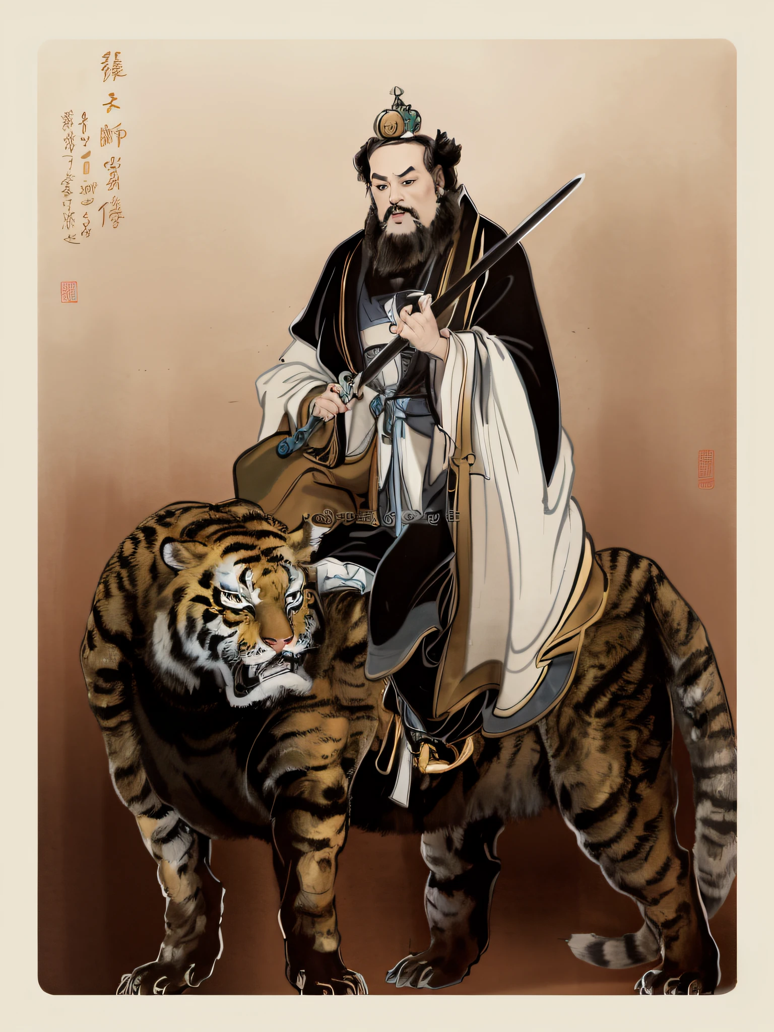arafed picture of a man riding a tiger with a sword, a wizard battling a tiger, inspired by Wu Daozi, inspired by Wu Zuoren, by Wu Zuoren, inspired by Hu Zaobin, traditional chinese art, inspired by Kawanabe Kyōsai, by Li Zai, by Kawanabe Kyōsai, by Gu An