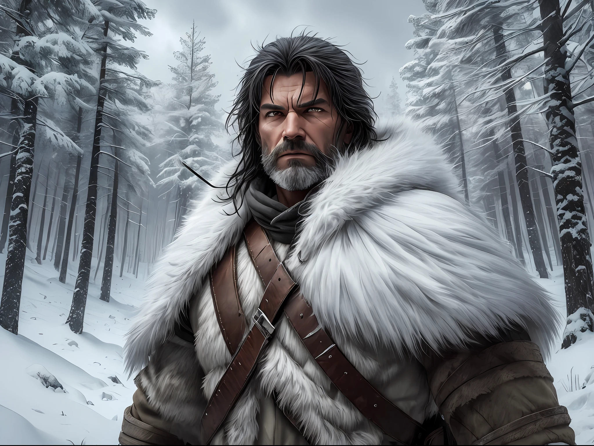 The winter forest is taken over by an atmospheric and intense atmosphere when the 48-year-old hunter man enters the scene. His white wolf outfit symbolizes his connection to the wild environment, while his expressive and angry gaze evokes a feeling of strong strength. His black hair contrasts with the cold, desolate landscape as he wields a bow and arrow masterfully. The image is a realistic and highly detailed depiction, creating an immersive atmosphere that captures the essence of wild winter --auto --s2