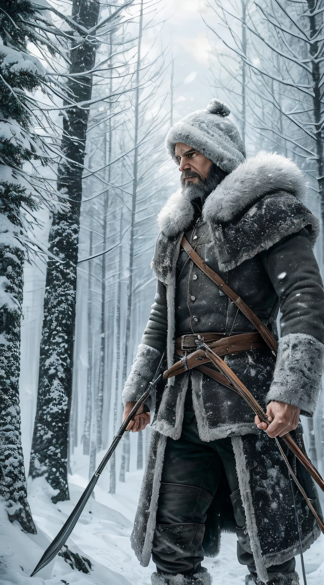 The winter forest is taken over by an atmospheric and intense atmosphere when the 48-year-old hunter man enters the scene. His white wolf outfit symbolizes his connection to the wild environment, while his expressive and angry gaze evokes a feeling of strong strength. His black hair contrasts with the cold, desolate landscape as he wields a bow and arrow masterfully. The image is a realistic and highly detailed depiction, creating an immersive atmosphere that captures the essence of wild winter --auto --s2