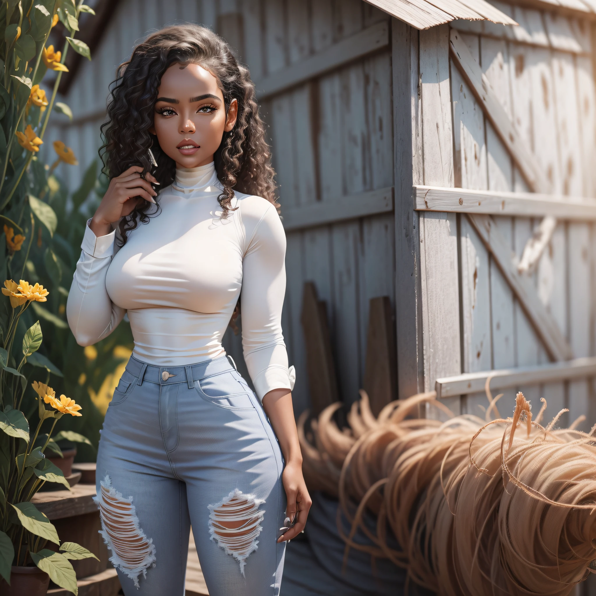 (detailed:1.15), (HD, Ultra Detailed) a Malaika Terry, dark eyes, wearing (white shirt) and jeans, on a farm, 8k barn