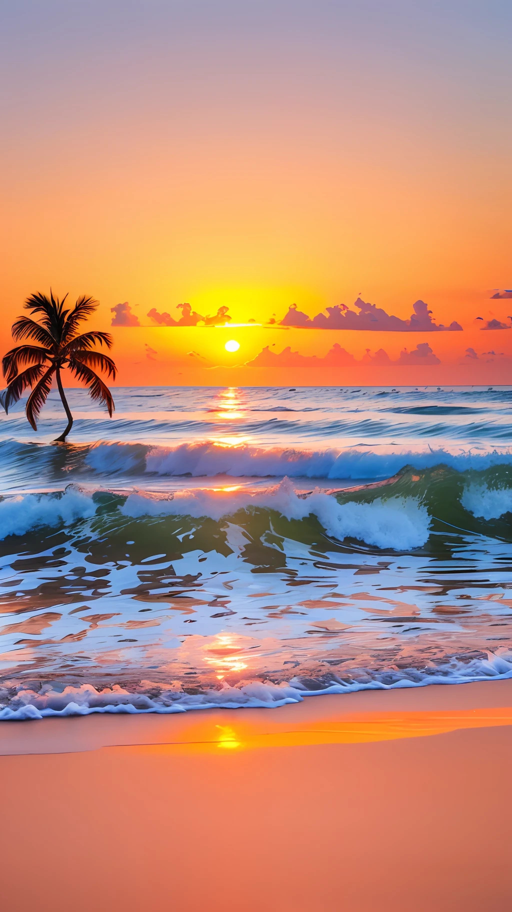Create a 4K 9:16 image that depicts a stunning sunrise on a tropical beach, with gentle waves and palm trees along the coast. The color palette should be vibrant and convey a sense of renewal and positive energy. --auto --s2