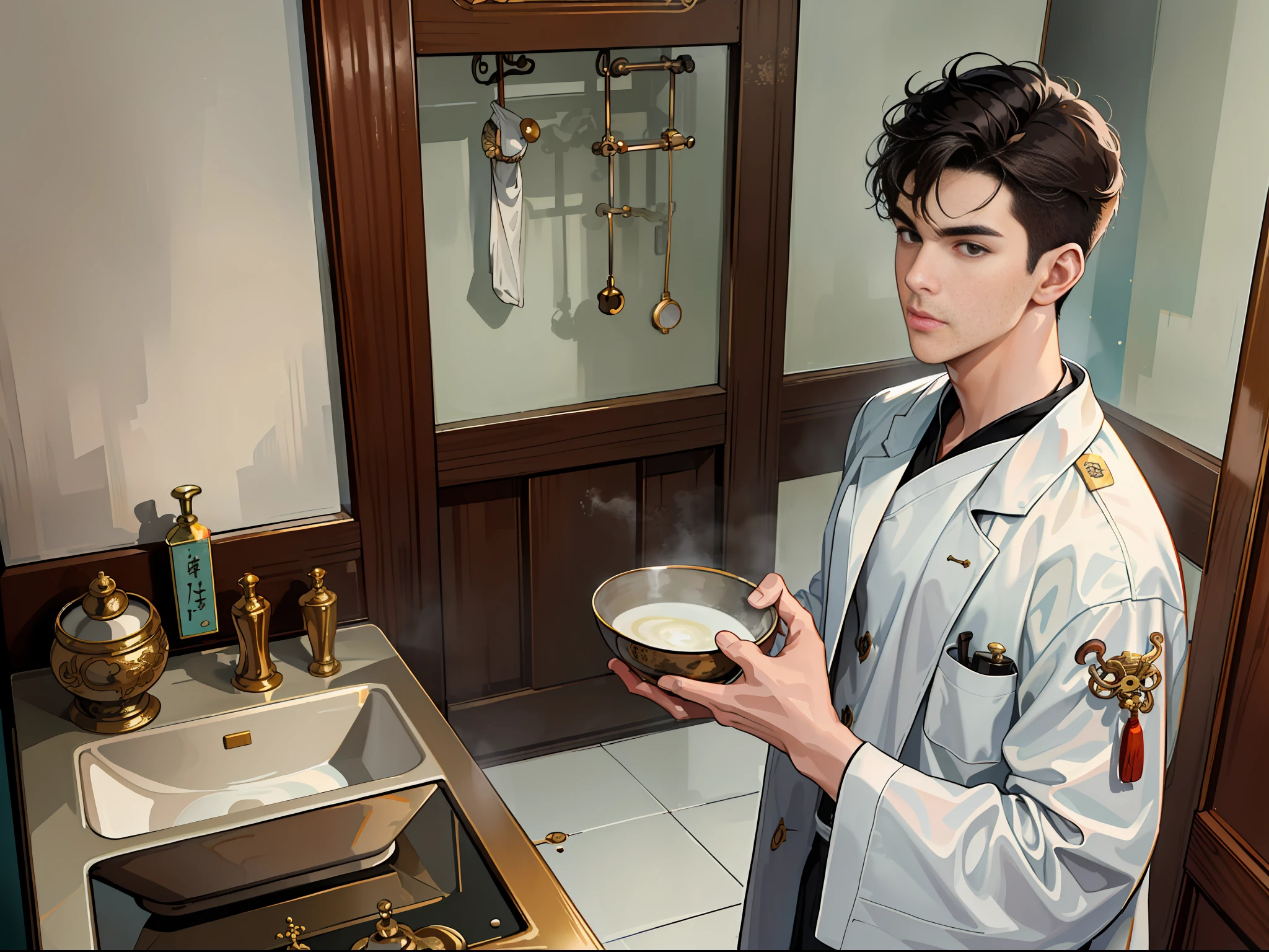 (ridiculous, high resolution, super detailed, realistic,), 1 male, soloist, 20 years old, tangled expression, carrying a basin of hot water, large basin, tall, extremely short hair, black hair, brown eyes, thick eyebrows, hospital room, doctor, white robe, white coat, room, ancient Chinese decoration style room, ancient Chinese style furniture