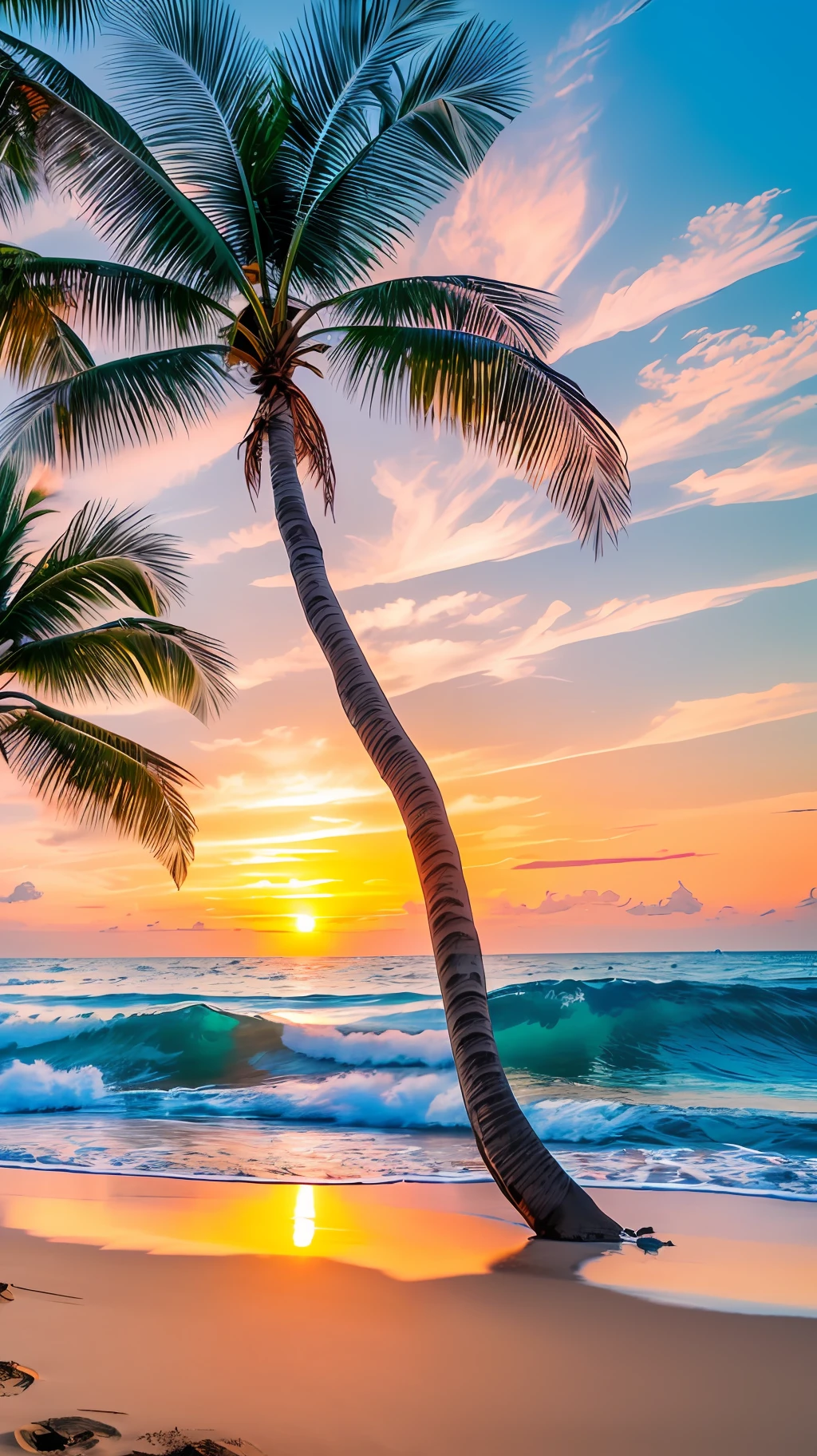 Create a 4K 9:16 image that depicts a stunning sunrise on a tropical beach, with gentle waves and palm trees along the coast. The color palette should be vibrant and convey a sense of renewal and positive energy. --auto --s2