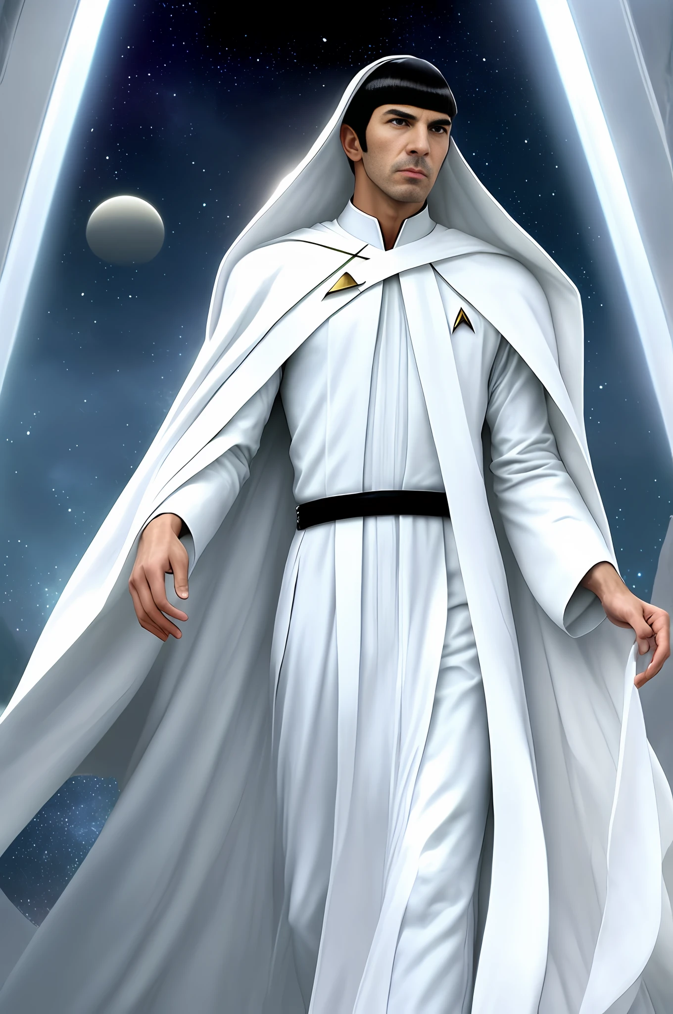 Ala Fed man in a white cloak and white robe, handsome, Spock's eyebrows, Spock's haircut, male god masterpiece, Spock, from Star Trek, Zachary Cint, still from Star Trek, Leonard Nimoy, young, tall and strong, Star Trek movies, serious, Star Trek, Star Trek style, Star Trek style, powerful, Delicate facial features, exquisite facial features