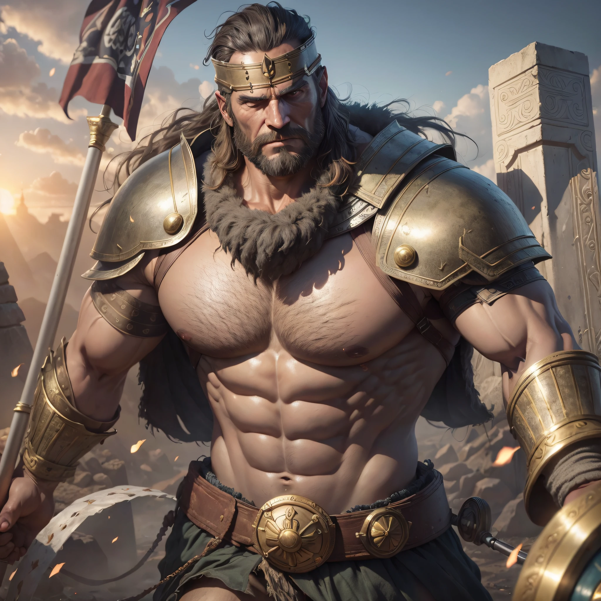 ((Best quality, 8k, Masterpiece:1.3)), a full-length portrait of the giant Goliath in ancient battle costumes from the time of the Philistine kings, with a large spear in his left hand and a shield in his right hand, with a helmet on his head illuminated by the sun in front of him and running against the enemy in the background with many details, High definition, 3D, CGI, realistic image, octane render, --auto --s2