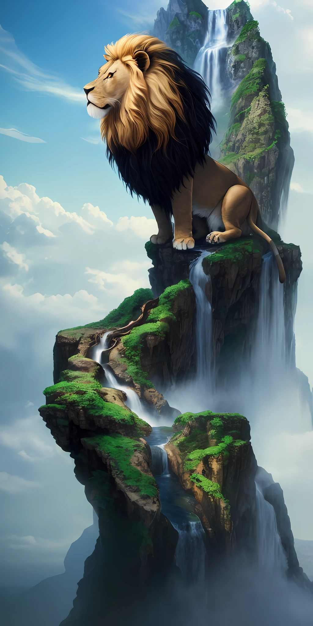 ((lion's head on top of a cliff with a waterfall (mane melting the water of the waterfall)))), fantasy matte painting, beautiful, 3 d render and matte painting, matte painting in fantasy style, 3d rendered matte painting, illustration matte painting, 4k matte painting, 4k fantasy art, majestic matte painting, realistic fantasy render, epic matte painting of an island, fantasy art behance