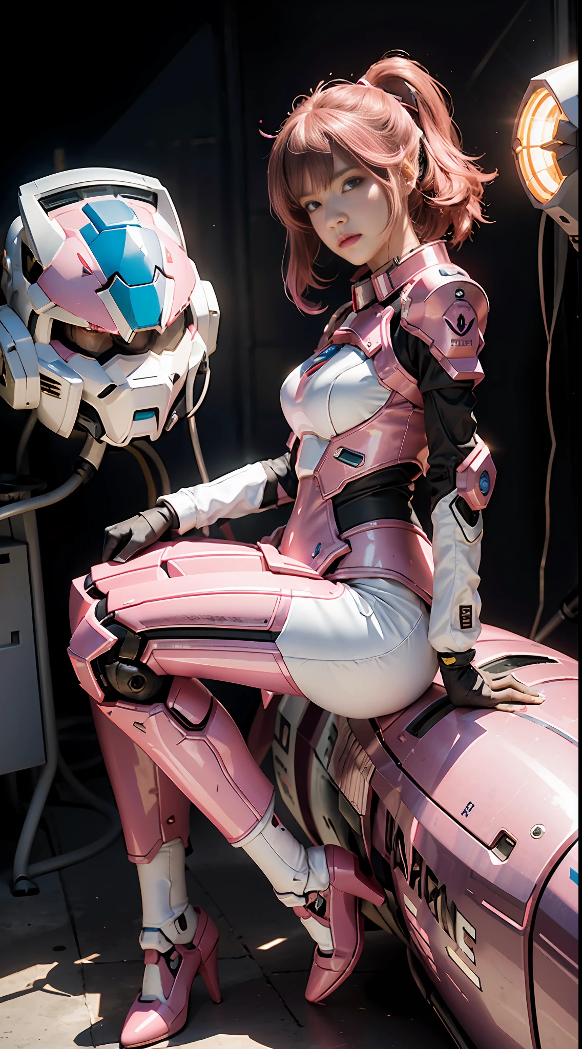 RAW, Masterpiece, Ultra Fine Photo,, Best Quality, Ultra High Resolution, Photorealistic, Sunlight, Full Body Portrait, Stunningly Beautiful,, Dynamic Poses, Delicate Face, Vibrant Eyes, (Side View) a close up of a woman in a pink and white gundam custume, dybamic pose, Short pink hair, girl in mecha cyber armor, portrait armored astronaut girl, d. va from overwatch, female mecha, on a gundam, gundam head, chiho aoshima color scheme, mobile suit, streamlined pink armor, fully robotic!! girl, realistic cosplay, gundam armor