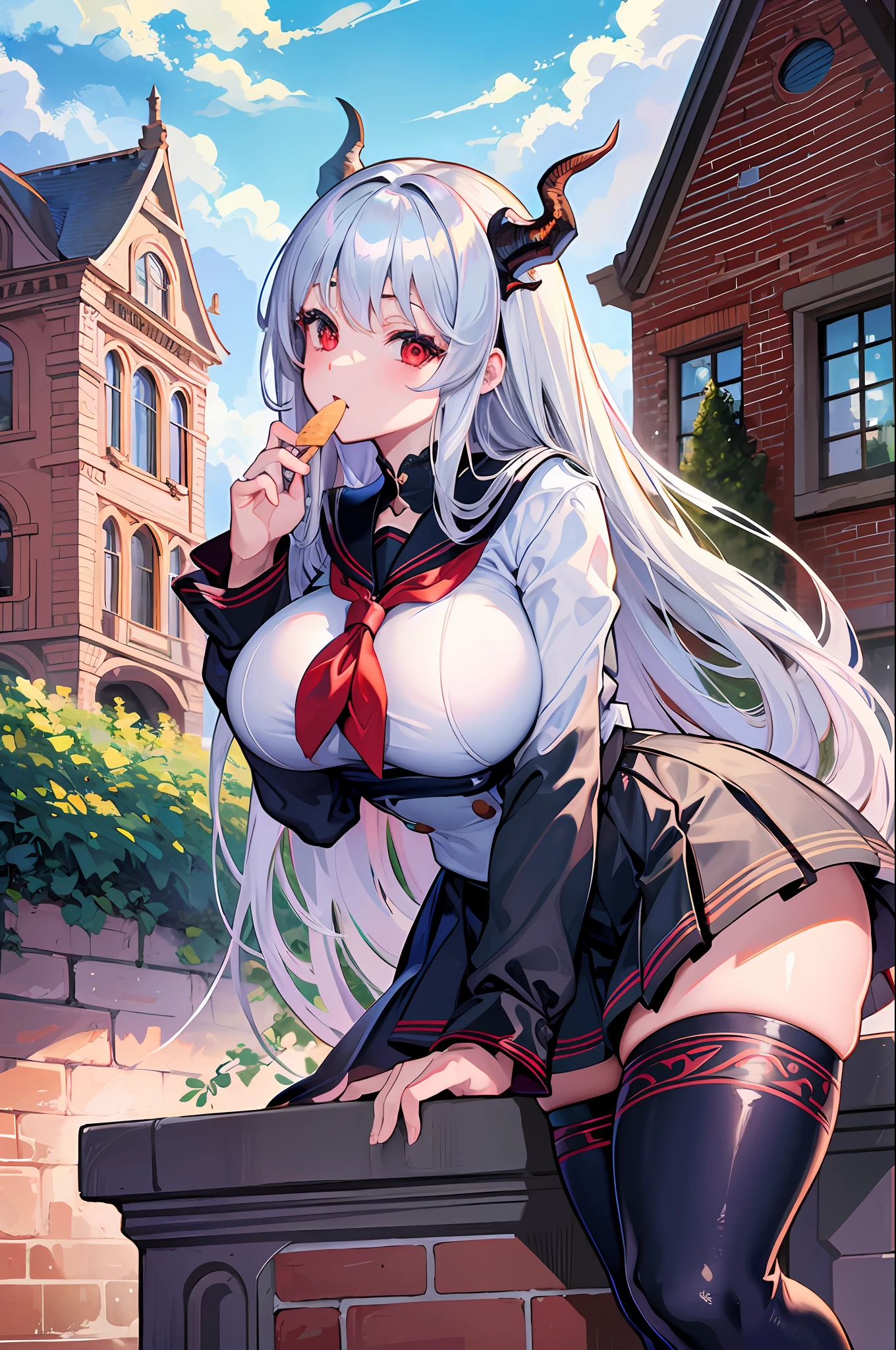 masterpiece, best quality, high_resolution, fine detail, very detailed and beautiful, distinct_image, 1 girl, solo, silver-haired, red eyes, dragon horns, (huge breasts), (),curvy,sailor uniform school uniform,garden landscape,blue sky,thighhigh,ice cream,