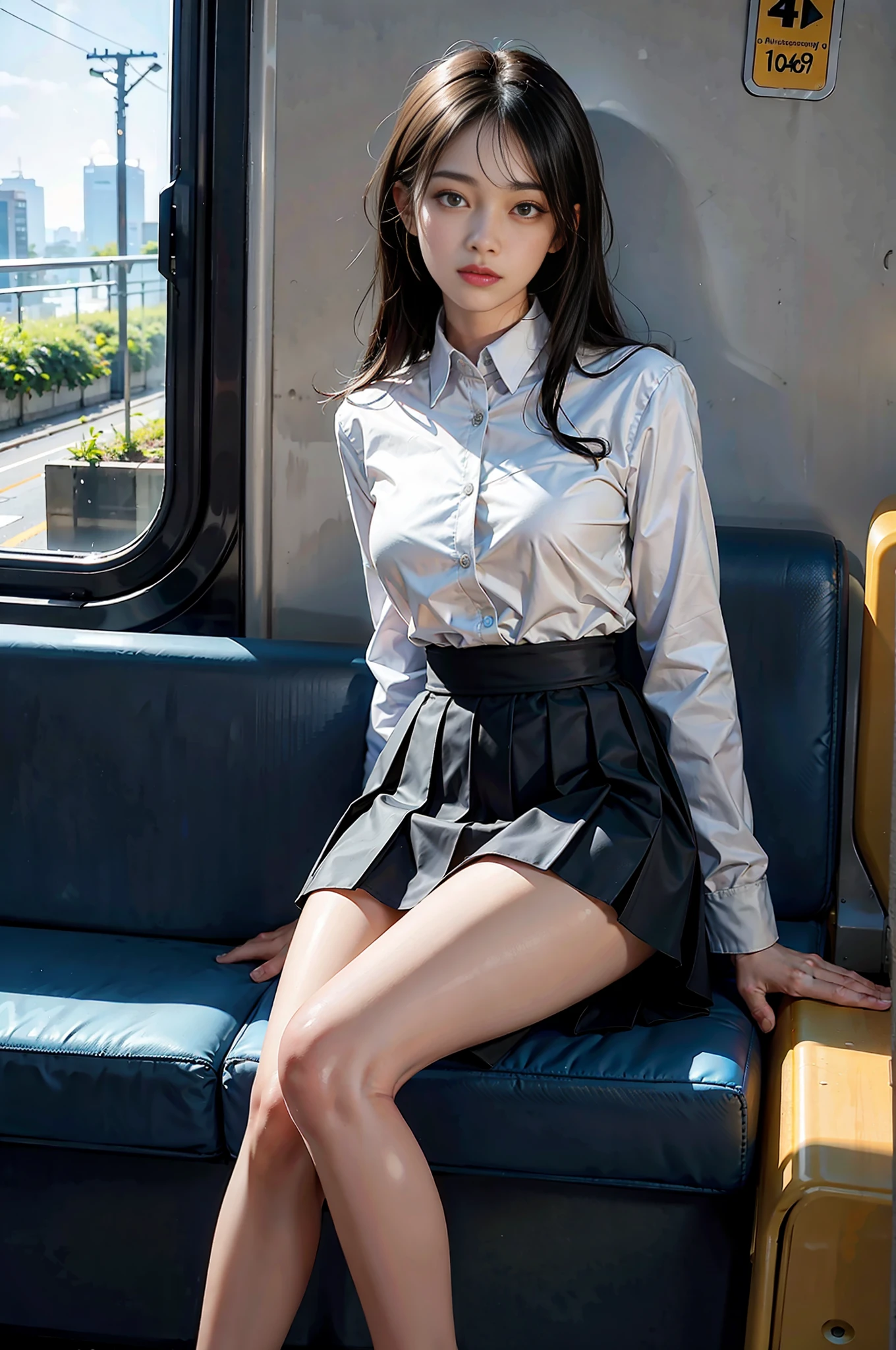 "(Masterpiece, High Definition, Ultra High Definition, 4K) Black hair, 14 year old Korean girl, uniform skirt, thigh highlight, white thighs, soft thighs, glossy thighs, sitting on the train, face-to-face angle, (angle from bottom),sitting on the train seat,sitting in front,zoom camera in the crotch,feet on the train floor,full body,looking down and sleepy, just look at the viewer", highest quality, ultra high definition, (Photorealistic:1.4), high resolution, detail, raw photo, sharp Lee, Nikon D850 Film Stock Photo Credit: Lee Jefferies 4 Kodak Portra 400 Camera f1.6 Lens Rich Colors Hyperrealism Vivid textures Dramatic lighting Unreal Engine ArtStation Trends Cinestir 800,