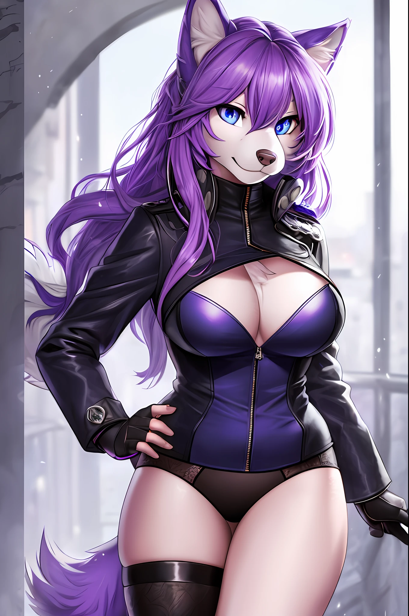 (Masterpiece, Best Quality), Altair, Furry, Furry Female, 1 Girl, Blue Eyes, animal_ears, Reptile, Dragon, Sketch, Detailed Fur Skin, Black Coat, Sharp Focus, Fluffy, Urban Background, Uniform, Two-tone Fur, HDR, NSFW, Ul Body Solo, Tail, Purple Hair, wolf_ears, 8k, (Super Realistic Photo, RAW Photo, Furry:1.3), Furry, Furry Female, 1 Girl, blue eyes, animal_ears, electricity, glowing, hair_over_one_eye, looking_at_viewer, purple fur,