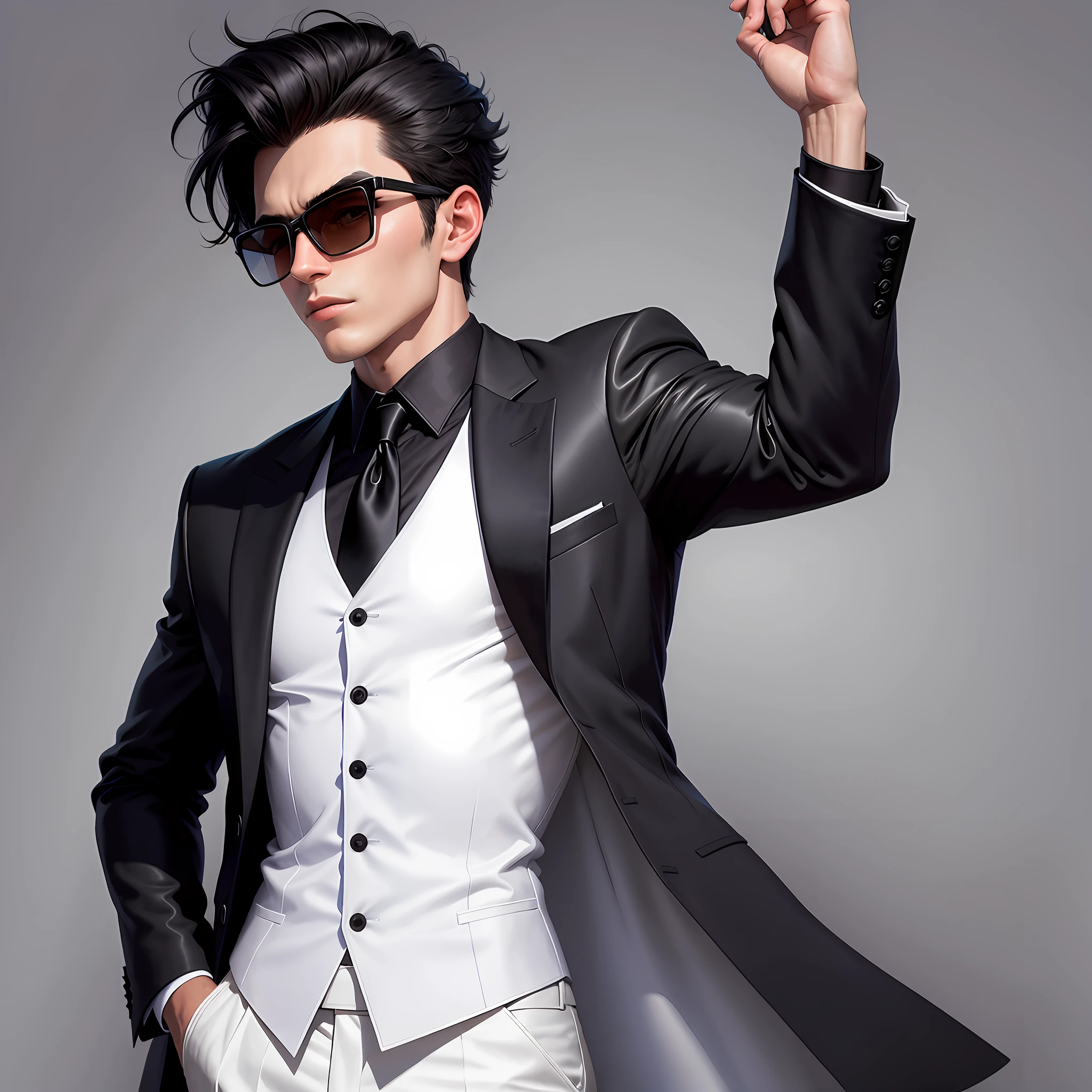 18-year-old character with dark black hair, a discreet topknot that harks back to the style of Disney Pixar characters. He wears sunglasses that add a touch of mystery to his look. His jacket is black, giving an air of elegance and style. Underneath his jacket, he wears an impeccably starched white dress shirt with a classic black tie. His pose is as if he were posing for a portrait, conveying confidence and charm.