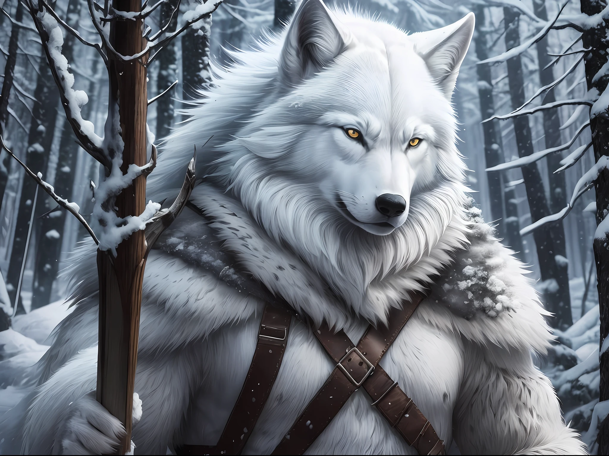 The winter forest is taken over by an atmospheric and intense atmosphere when the 48-year-old hunter man enters the scene. His white wolf outfit symbolizes his connection to the wild environment, while his expressive and angry gaze evokes a feeling of strong strength. His black hair contrasts with the cold, desolate landscape as he wields a bow and arrow masterfully. The image is a realistic and highly detailed depiction, creating an immersive atmosphere that captures the essence of wild winter --auto --s2