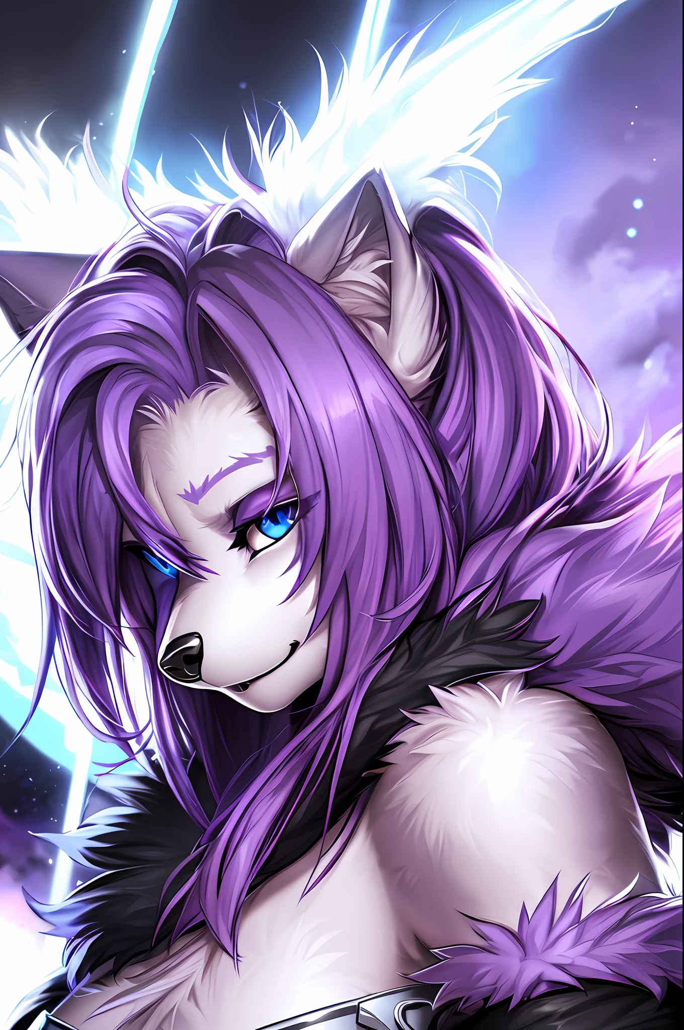 (Masterpiece, Best Quality), Altair, Furry, Furry Female, 1 Girl, Blue Eyes, animal_ears, Reptile, Dragon, Sketch, Detailed Fur Skin, Black Coat, Sharp Focus, Fluffy, Urban Background, Uniform, Two-tone Fur, HDR, NSFW, Ul Body Solo, Tail, Purple Hair, wolf_ears, 8k, (Super Realistic Photo, RAW Photo, Furry:1.3), Furry, Furry Female, 1 Girl, blue eyes, animal_ears, electricity, glowing, hair_over_one_eye, looking_at_viewer, purple fur,