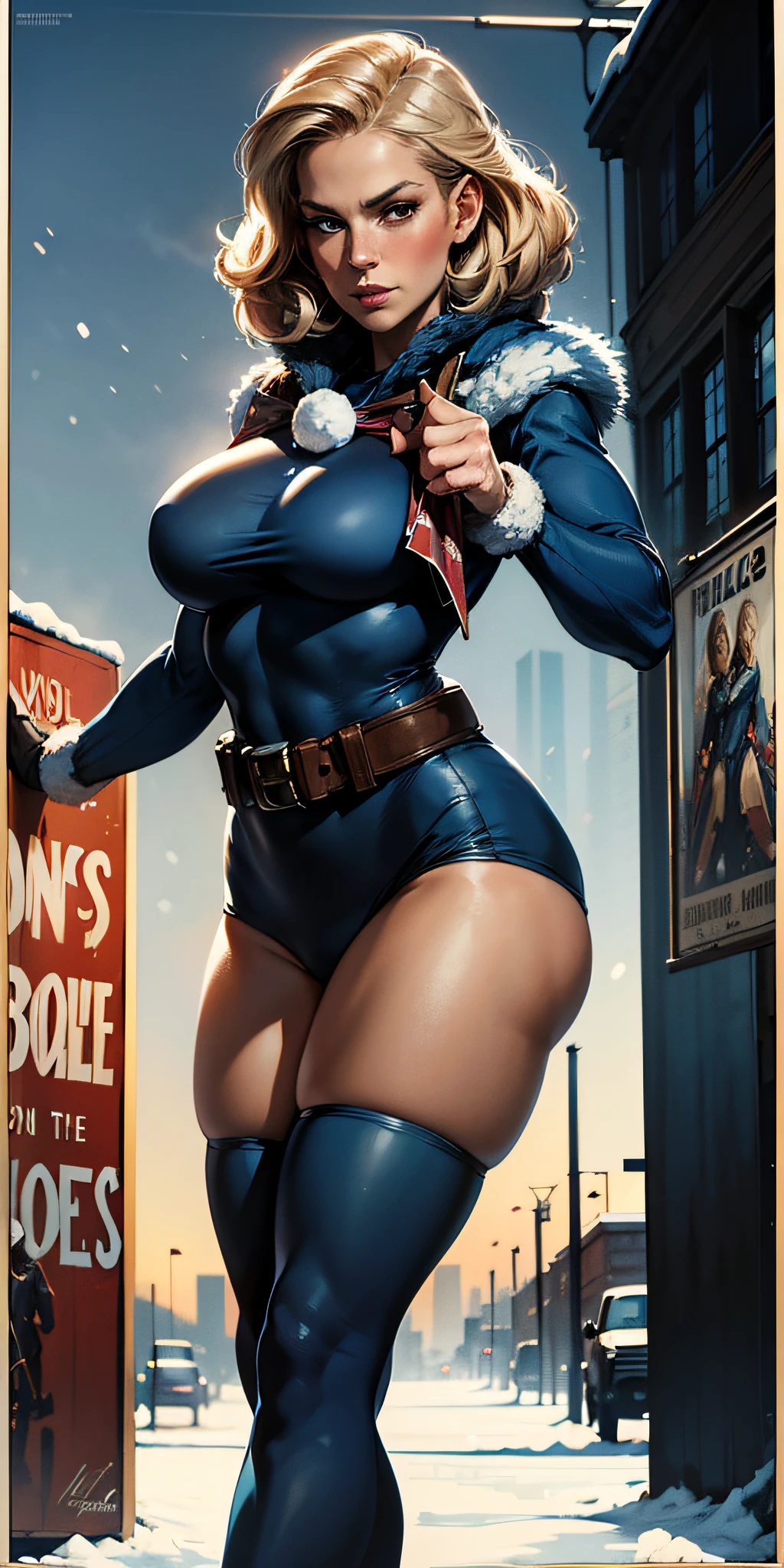 A European woman and medium blonde hair with light-colored fox tail in superhero pose, American World War II poster, Gil Elvgren style, WLOP, Artgerm ((Poster style)) ((wearing cold clothes in blue color)) (city in the background) ((woman holding a snowball)) detailed clothing, snow, 1 girl, solo, fitness body, poster design, poster art style. 1980s, 1950s, 1960s, 1940s, basic color scheme, very colorful poster, colorful art, third rule, dynamic pose, woman, 1 25-year-old girl, looking at the viewer, blurred background, blue eyes.