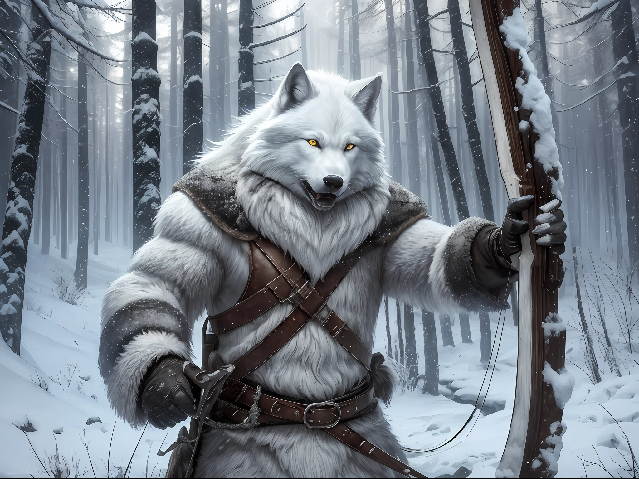 The winter forest is taken over by an atmospheric and intense atmosphere when the 48-year-old hunter man enters the scene. His white wolf outfit symbolizes his connection to the wild environment, while his expressive and angry gaze evokes a feeling of strong strength. His black hair contrasts with the cold, desolate landscape as he wields a bow and arrow masterfully. The image is a realistic and highly detailed depiction, creating an immersive atmosphere that captures the essence of wild winter --auto --s2