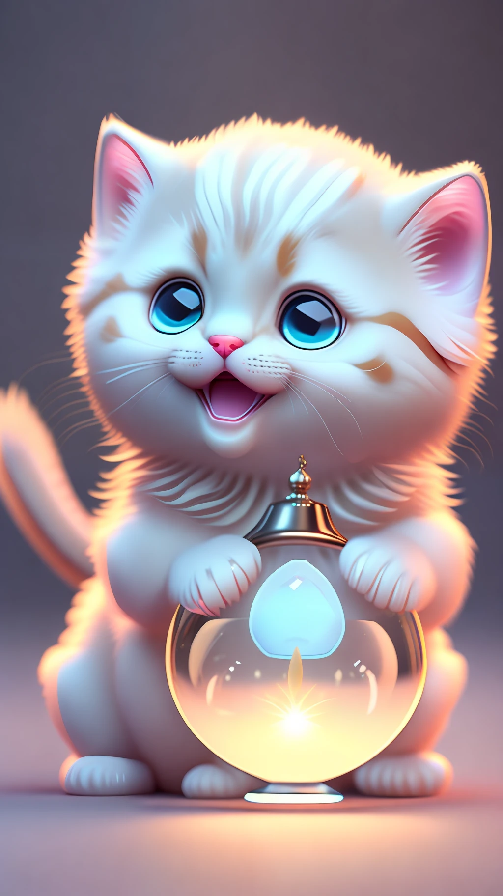A cute kitten, made of a crystal ball, open mouth, laugh, Morandi color system, highly detailed complex concept art trend with low-poly eyes artstation 8k, laughing !!
