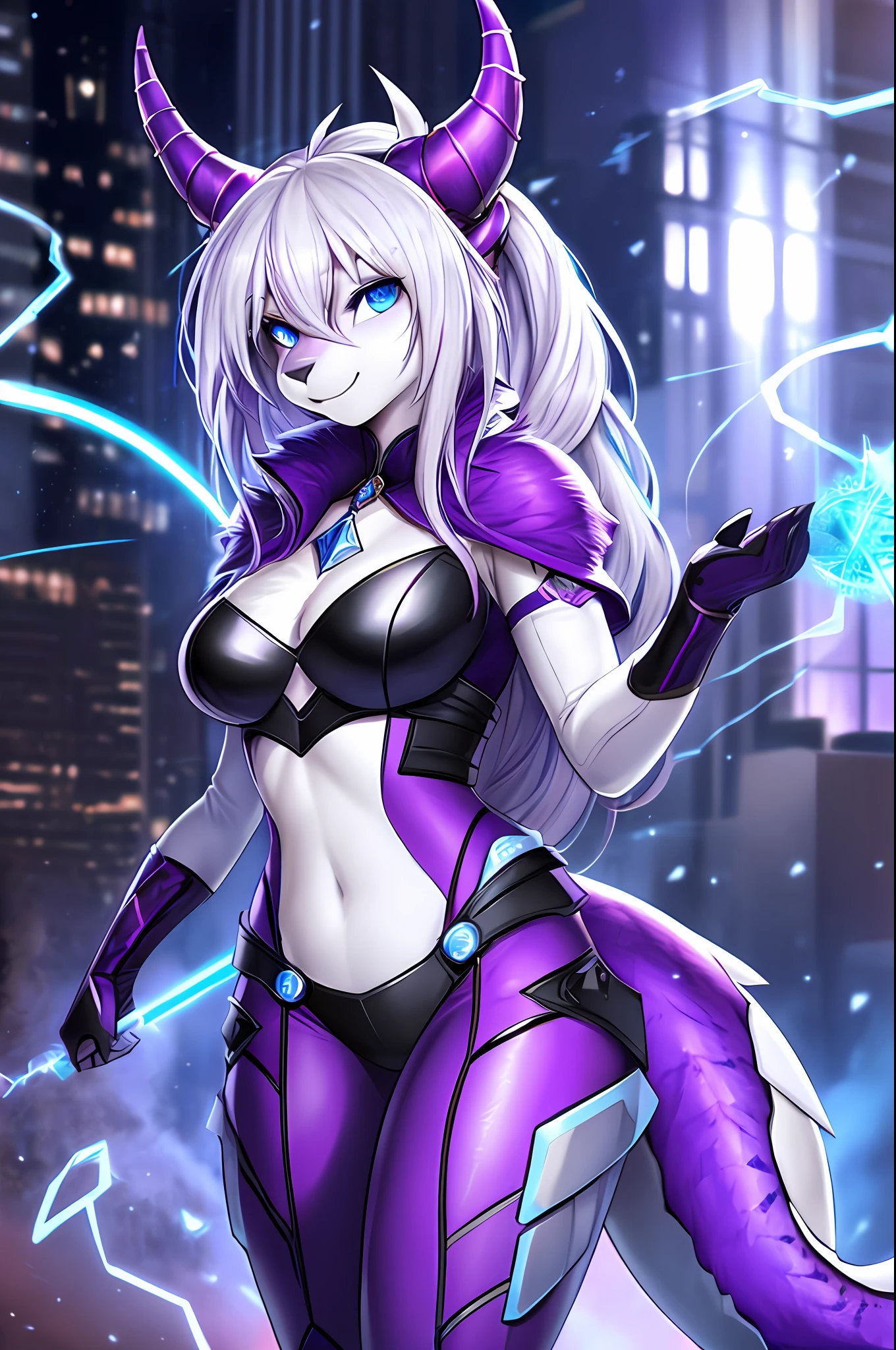 (Masterpiece, Best Quality), Altair, Furry, Furry Female, 1 Girl, Blue Eyes, Reptile, Dragon, Sketch, Detailed Fur Skin, Black Coat, Sharp Focus, Fluffy, City Background, , Uniform, Two-tone Fur, Ur Body Solo, Purple Dragon Tail, Purple Fur, 8k, (Super Realistic Photo, RAW Photo, Furry:1.3), Furry, Furry Female, 1 Girl, Blue Eyes, animal_ears, Electricity, Glow,  hair_over_one_eye, looking_at_viewer, purple fur,