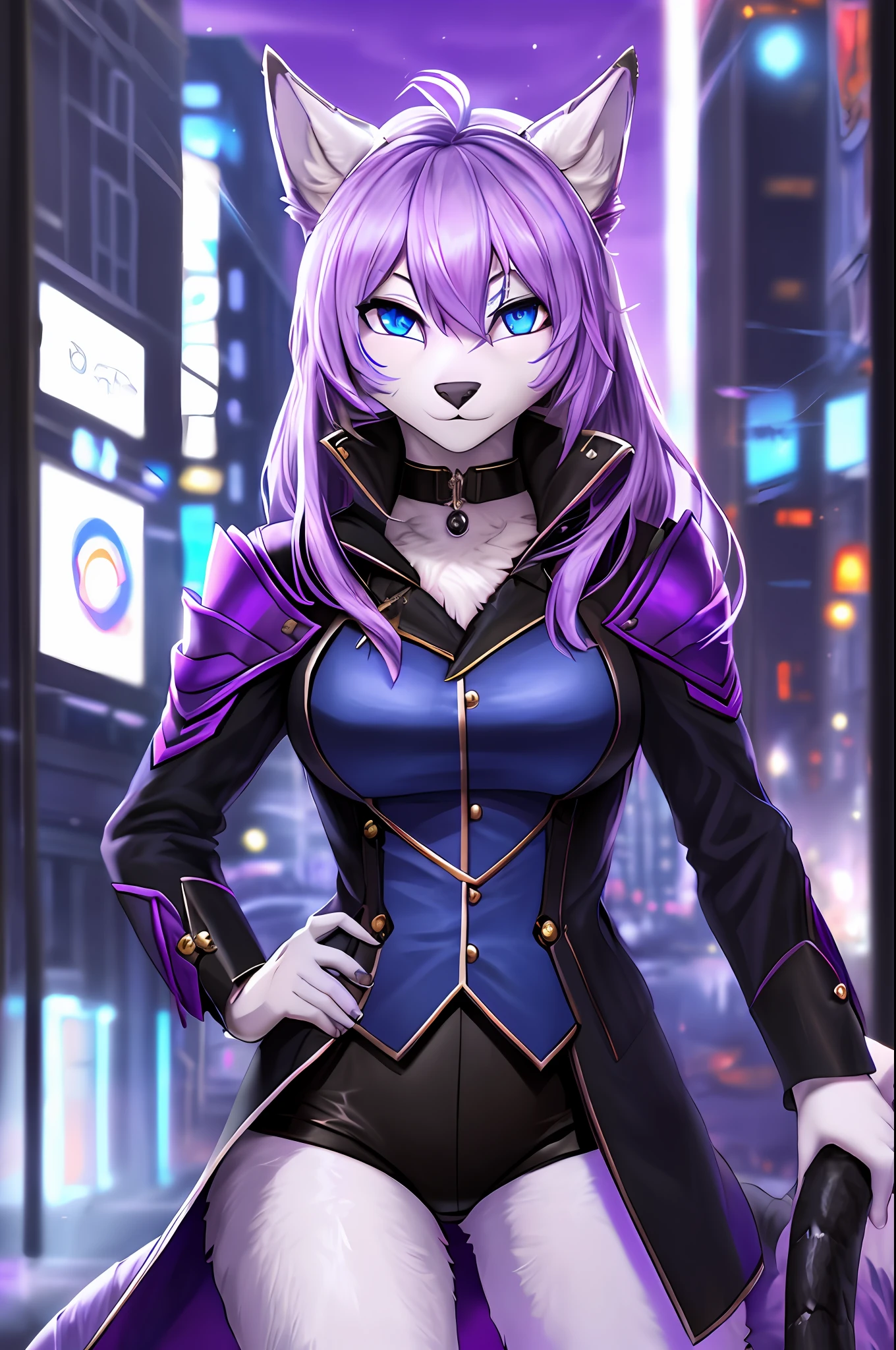 (Masterpiece, Best Quality), Altair, Furry, Furry Female, 1 Girl, Blue Eyes, Reptile, Dragon, Sketch, Detailed Fur Skin, Black Coat, Sharp Focus, Fluffy, City Background, , Uniform, Two-tone Fur, Ur Body Solo, Purple Dragon Tail, Purple Fur, 8k, (Super Realistic Photo, RAW Photo, Furry:1.3), Furry, Furry Female, 1 Girl, Blue Eyes, animal_ears, Electricity, Glow,  hair_over_one_eye, looking_at_viewer, purple fur,