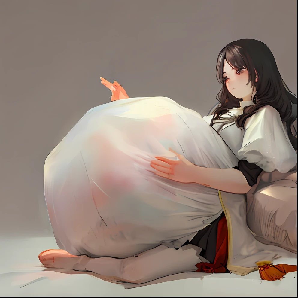 vore, big belly, simple background, emotionless, expressionless, aloof, beautiful, masterpiece, best quality, extremely detailed face, perfect lighting, 1girl, solo,