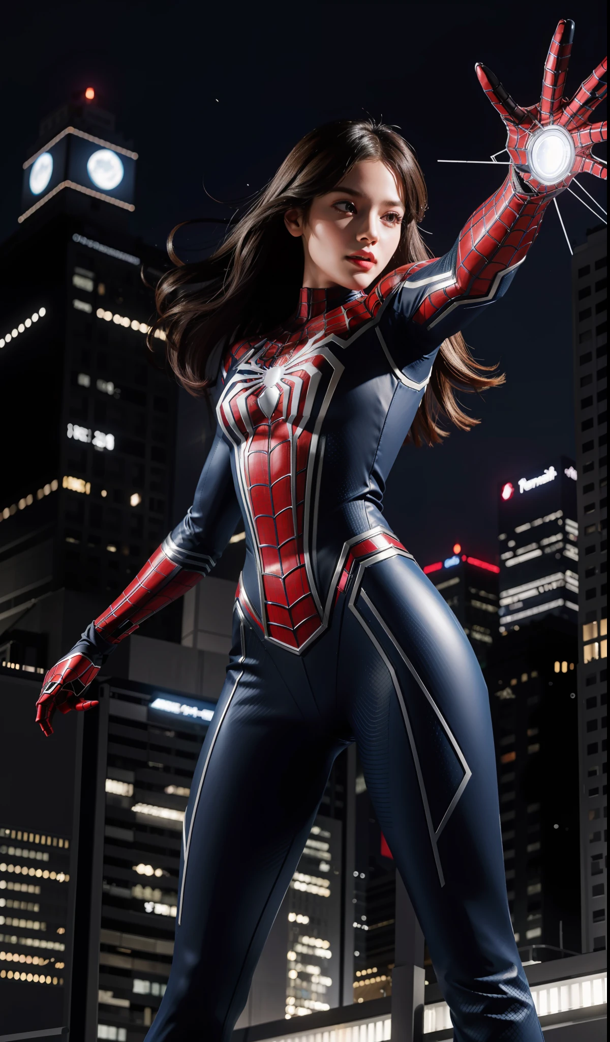 Super work, quality bar, depicting the unique style and theme of the female version of Spider-Man, dynamic graphics up to 8K pixels, firmly grasp the high-definition details, exciting. A superb leap jumps up and fits closely into the gorgeous figure of Spider-Man's costume. The character has a bright and flamboyant appearance, with a unique feminine charm, which is neither domineering nor feminine. Surrounded by a bustling metropolis with streets and buildings; In Spider-Man's hand is a web thread that emits a charming light; Above the city is a huge moon and a vast starry sky, as if paying tribute to the charismatic female Spider-Man.