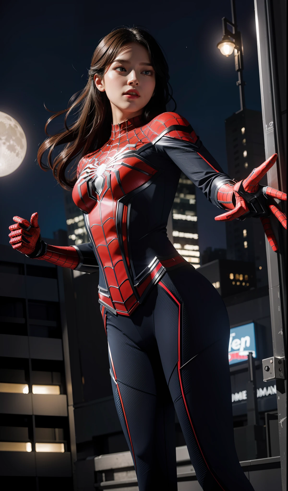 Super work, quality bar, depicting the unique style and theme of the female version of Spider-Man, dynamic graphics up to 8K pixels, firmly grasp the high-definition details, exciting. A superb leap jumps up and fits closely into the gorgeous figure of Spider-Man's costume. The character has a bright and flamboyant appearance, with a unique feminine charm, which is neither domineering nor feminine. Surrounded by a bustling metropolis with streets and buildings; In Spider-Man's hand is a web thread that emits a charming light; Above the city is a huge moon and a vast starry sky, as if paying tribute to the charismatic female Spider-Man.