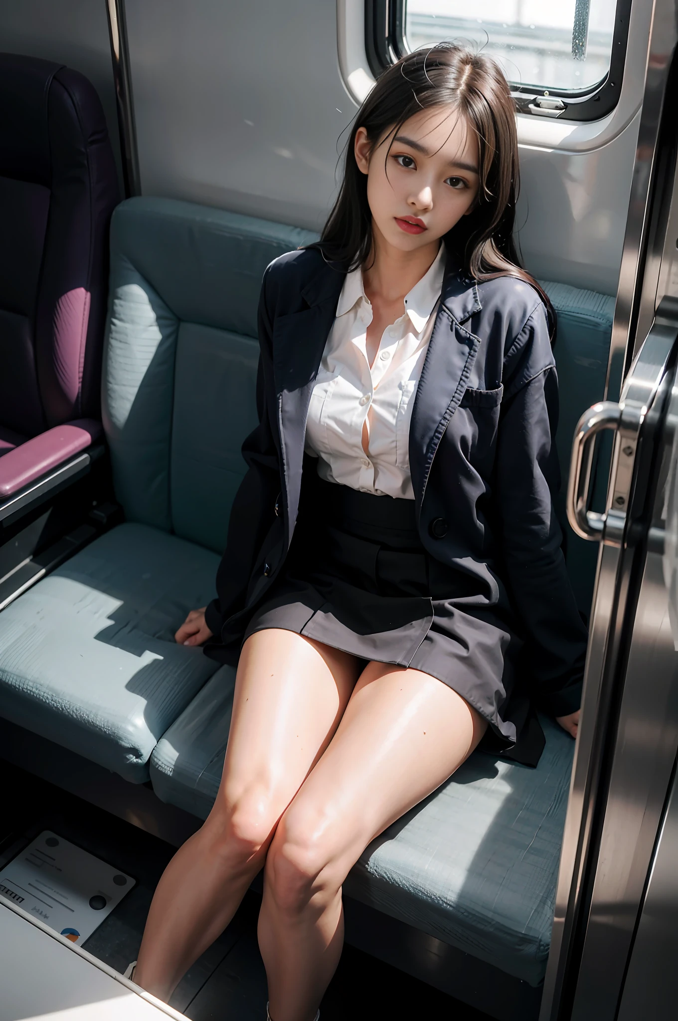 "(Masterpiece, High Definition, Ultra High Definition, 4K) Black hair, 14 year old Korean girl, uniform skirt, thigh highlight, white thighs, soft thighs, glossy thighs, sitting on the train, face-to-face angle, (angle from bottom),sitting on the train seat,sitting in front,zoom camera in the crotch,feet on the train floor,full body,looking down and sleepy, just look at the viewer", highest quality, ultra high definition, (Photorealistic:1.4), high resolution, detail, raw photo, sharp Lee, Nikon D850 Film Stock Photo Credit: Lee Jefferies 4 Kodak Portra 400 Camera f1.6 Lens Rich Colors Hyperrealism Vivid textures Dramatic lighting Unreal Engine ArtStation Trends Cinestir 800,