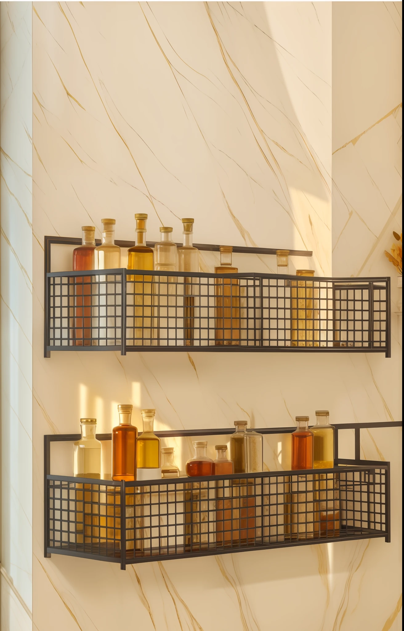 A luxuriously decorated kitchen with two shelves filled with spice bottles on the wall, curtains, marble countertops, wall with textured details, slightly elevation angle, wide-angle lens, bright and strong natural light contrast, natural light hitting the wall, wall 8K texture detail, hyper-realistic style, extremely realistic, painted complete image