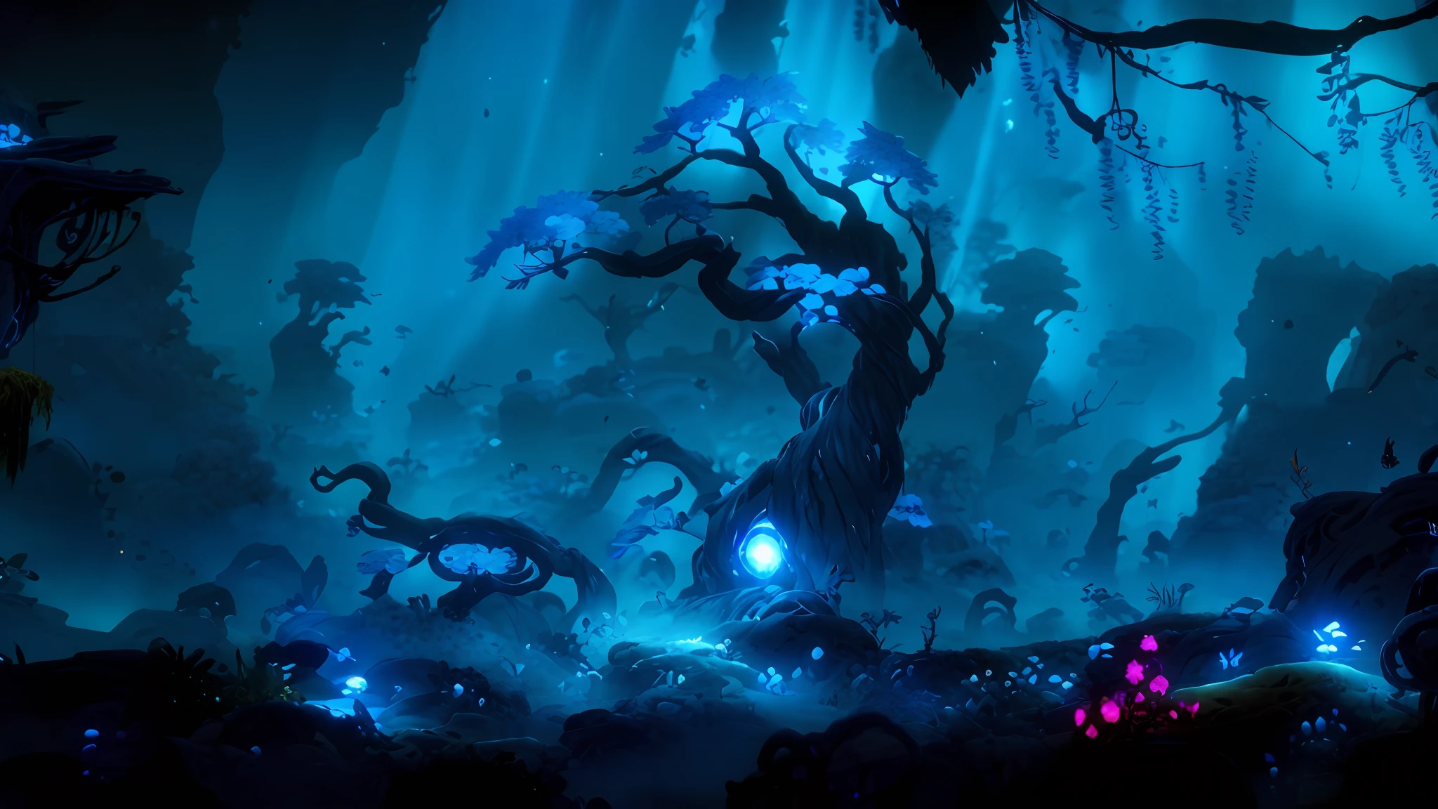 arafed tree in a cave with blue lights and a blue sky, ori and the will of the wisps, ori and the blind, ori and the blind forest, ori, glowing blue mushrooms in mire, spirit of the forest dwells, wisps, key art, treant, fantasy tree, magical tree, game key art, magic tree