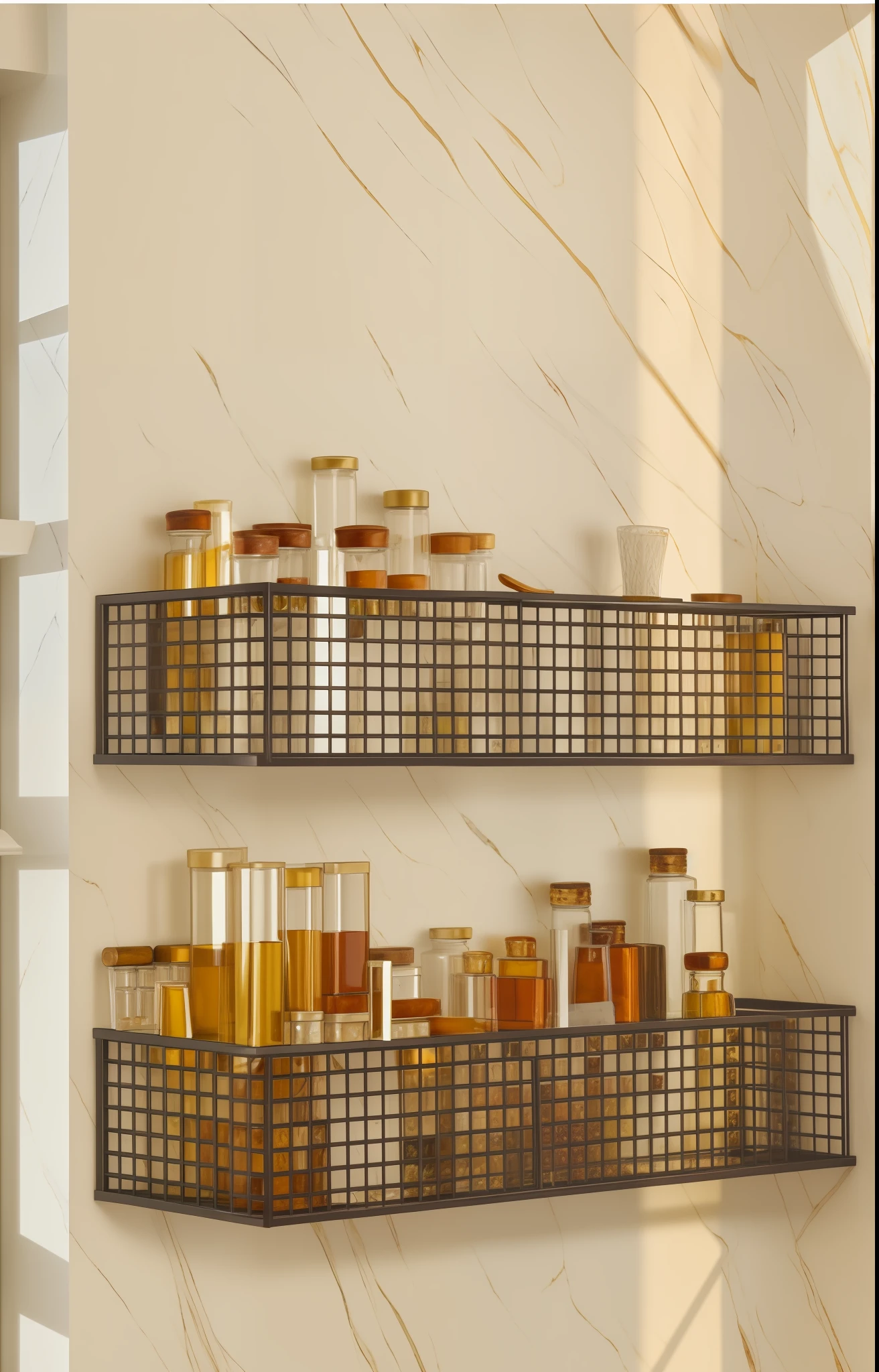 A luxuriously decorated kitchen with two shelves filled with spice bottles on the wall, curtains, marble countertops, wall with textured details, slightly elevation angle, wide-angle lens, bright and strong natural light contrast, natural light hitting the wall, wall 8K texture detail, hyper-realistic style, extremely realistic, painted complete image