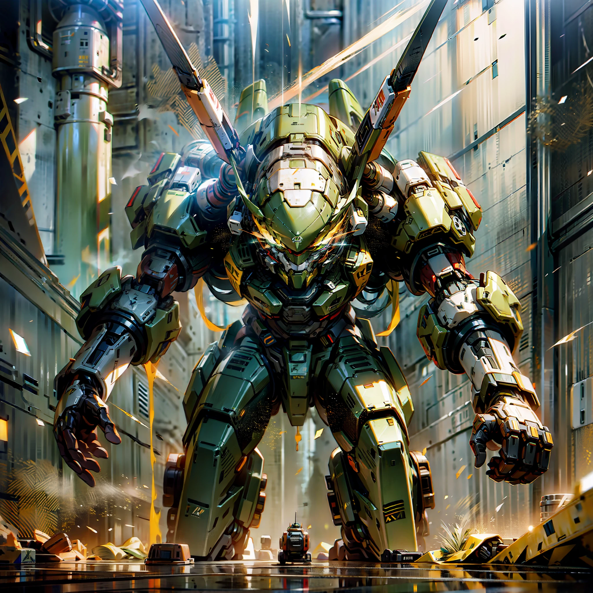 a giant BRAZILIAN mecha, IN ACTION, PEELING GREEN AND YELLOW PAINT AND LOTS OF RUST close top view dark FANTASY, OCTANE RENDER, SCIFI MOVIE SCENE, DRAMATIC LIGHTING, DIGITAL PAINTING, 4K, 8K, UNREAL ENGINE