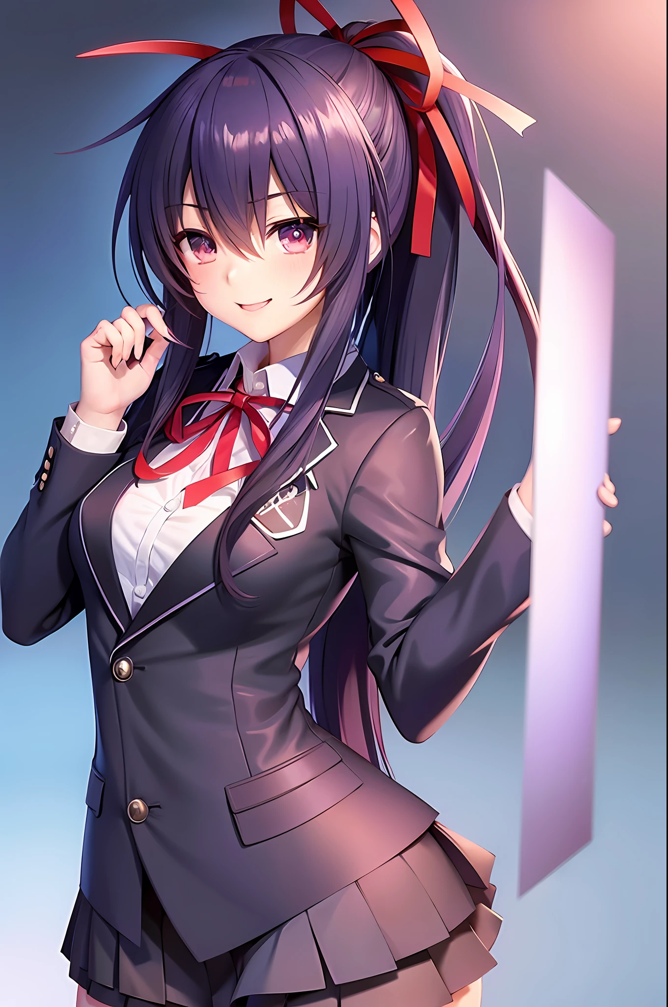 Yatogami tohka, shixiang, school uniform, jacket, cleavage, medium breasts,light smile,best quality, long hair, pony tail, red ribbon hair, masterpiece, highres, best quality, blush, smile shy, sexy pose,