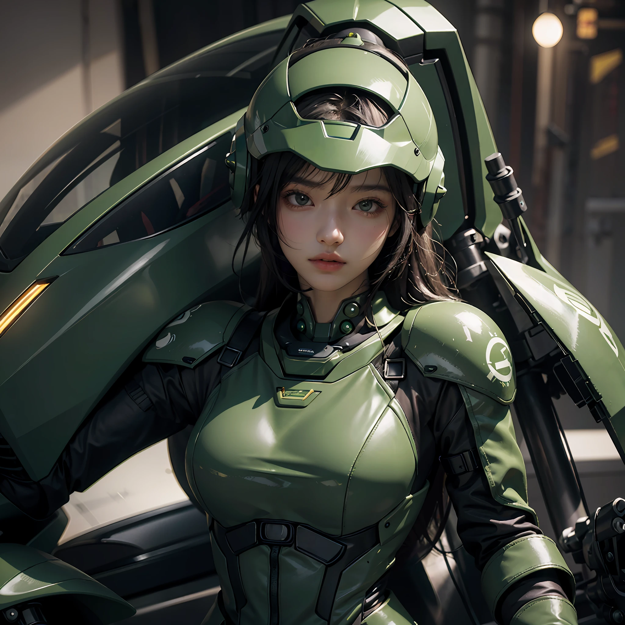 Highest image quality, outstanding details, ultra-high resolution, (realism: 1.4), the best illustration, favor details, highly condensed 1girl, with a delicate and beautiful face, dressed in a black and green mecha, wearing a mecha helmet, holding a directional controller, riding on a motorcycle, backlighting, jamrud, the background is a high-tech lighting scene of the future city.