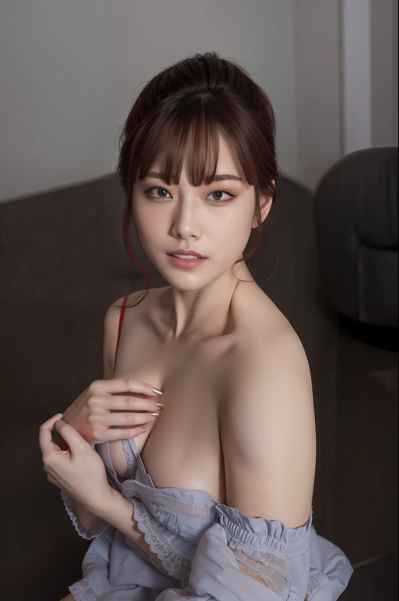 Bra red, chest exposed, full body