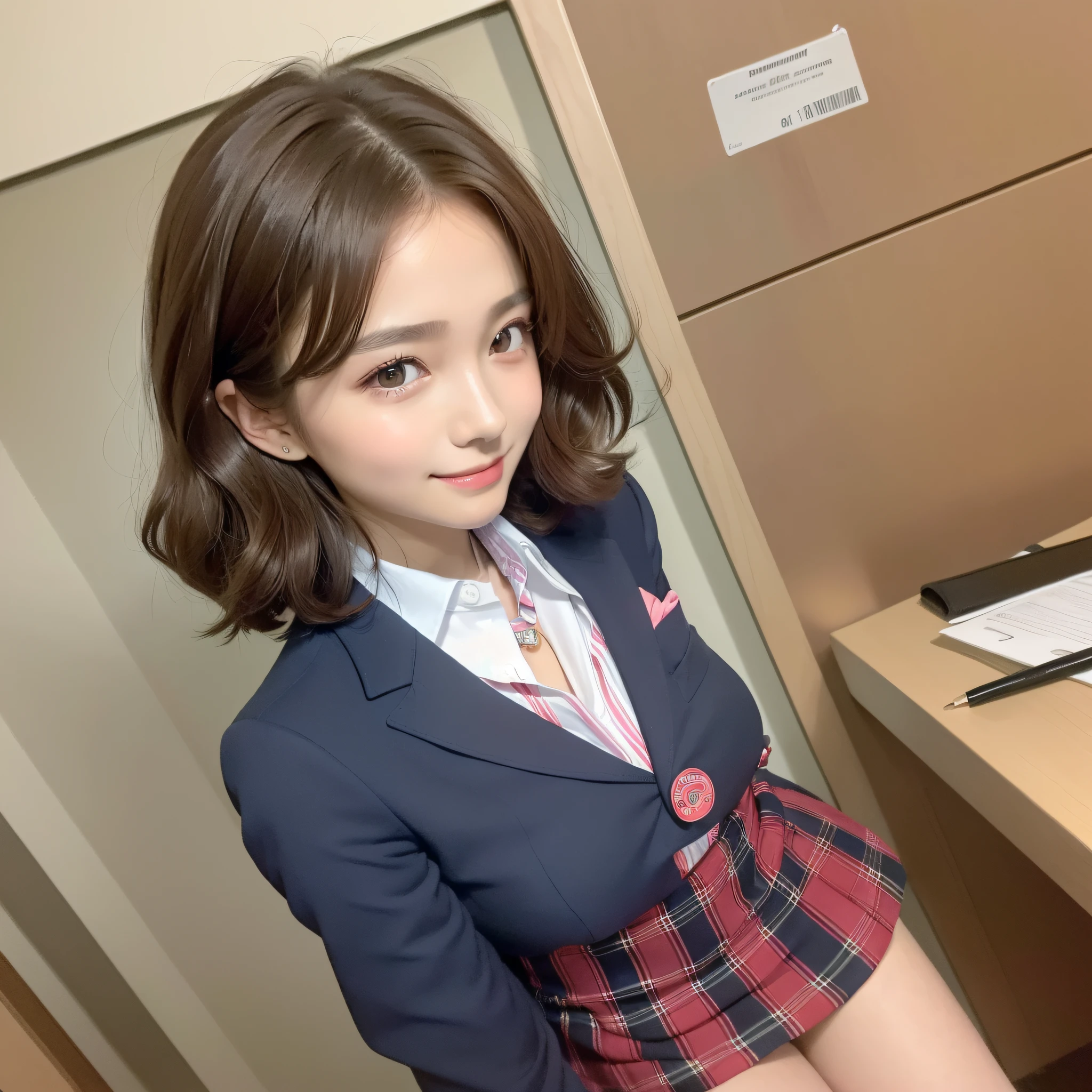 ((Top Quality, 8K, Masterpiece: 1.3)), 1 girl, slim, perm with brown hair, (hairstyle short, big: 1.2), pink Y-shirt, red tie, dark blue blazer, short checked skirt, (ultra-slender face, delicate eyes, double eyelids, smile: 1.0), classroom
