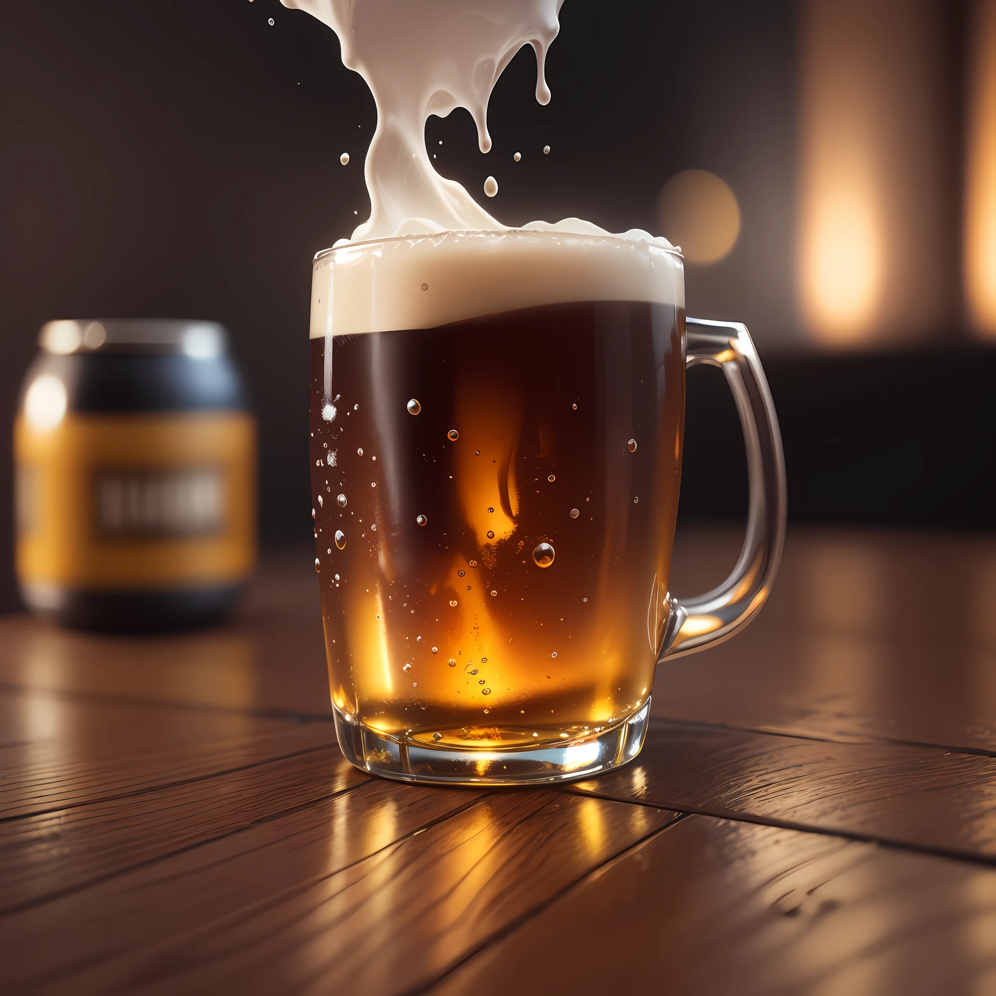 Ultra-realistic and ultra-detail-oriented, it shows a seemingly cold beer in a stylised, modern and inventive mug, with sweat trails dripping down the mug and the beer falling into a mug propped up on a shiny lacquered wooden table against a dark, blurred background. The film was produced in 4K using the Unreal Engine and rich in detail. The background glows and highlights the beer.