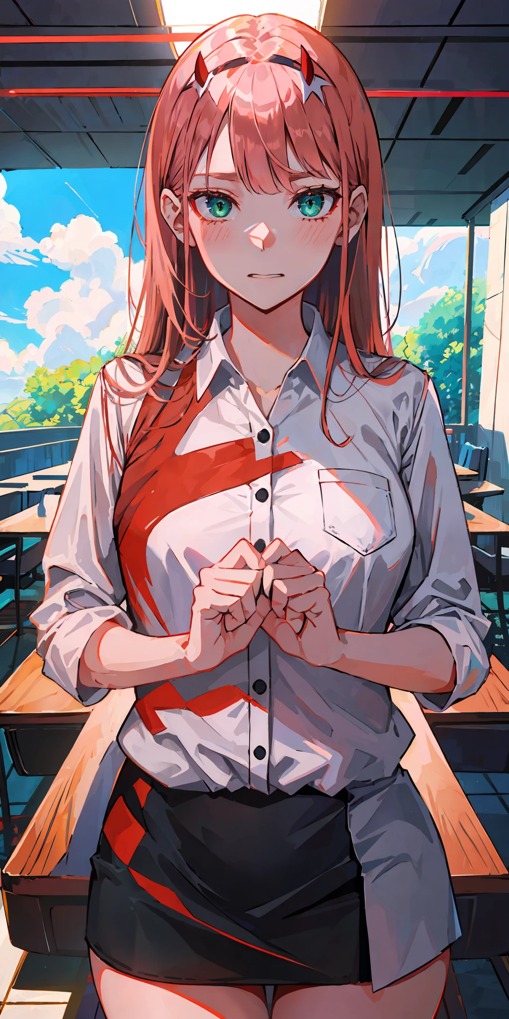 zero two \(darling in franxx\), darling in franxx, 1girl, bangs, bite, shadow, long hair, small breasts, large thighs, white shirt, black skirt, green eyes, makeup, shy, blushing, pair of small red horns, pink hair, red shadow, soil, sunlight, window, blue sky, classroom