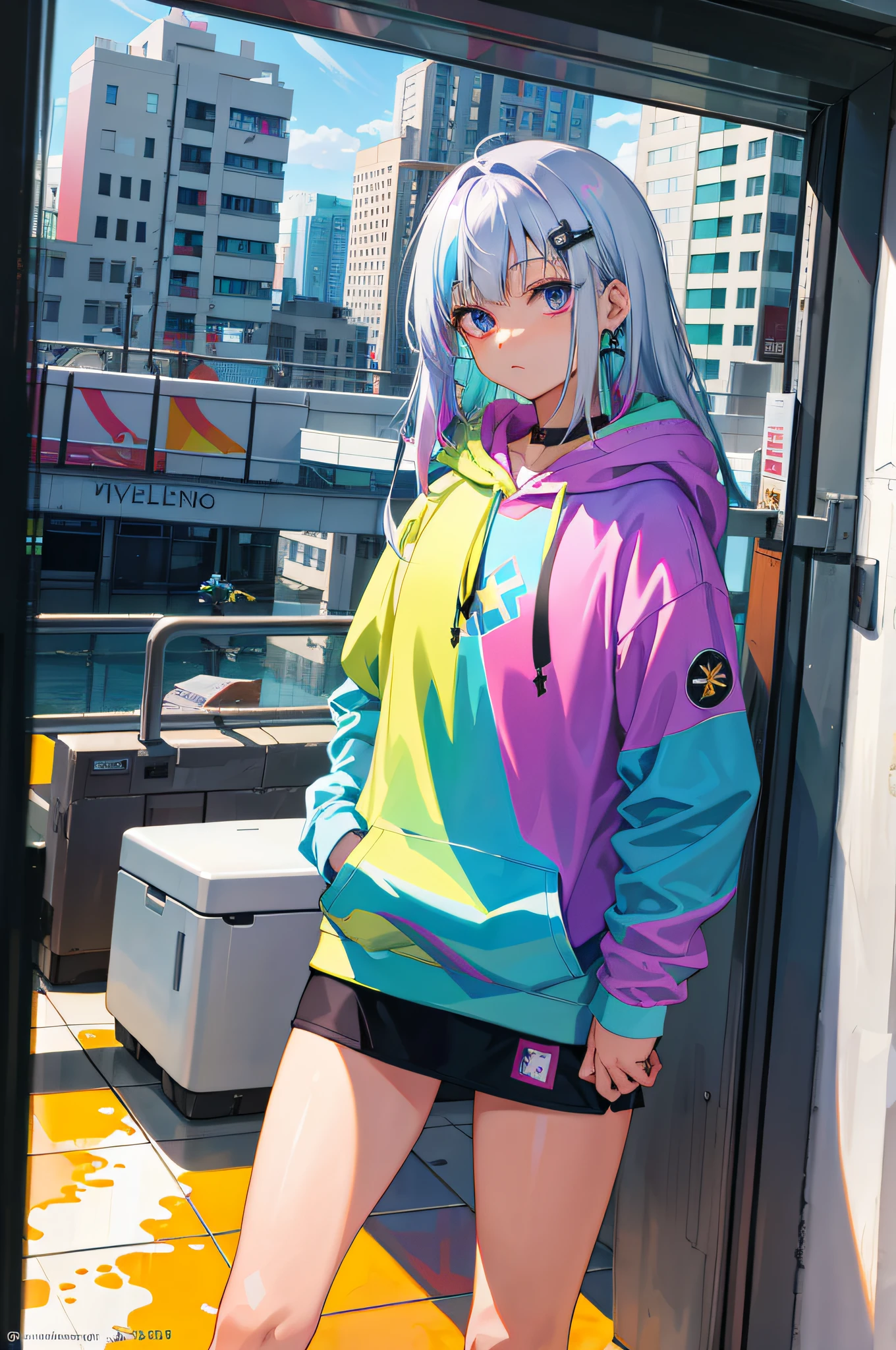 Masterpiece, high quality, high resolution, absurd, super fine, 8k, 1girl, platinum gray hair, blue hair, multicolored hair, gradient hair, looking at the audience, colorful eyes, colorful hoodies, city, (floor-to-ceiling window background: 1.15), wonderful painting, bloom, portrait, cross hair ornament, shut up, pack, against the wall, bangs, shadow, reflection